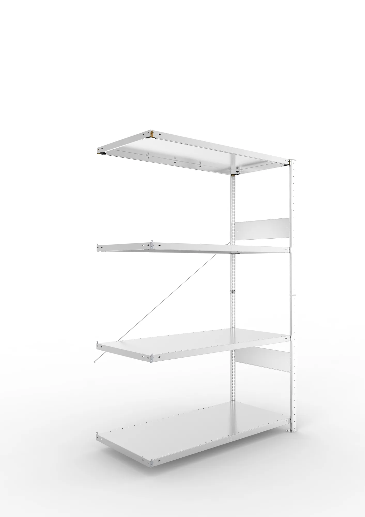 META CLIP SPLIT, Fachbodenregal, Anbauregal, 2000 x 1300 x 600 mm, Fachlast 150 kg, 4 Ebenen, verzinkt – Ansicht in Blickhöhe