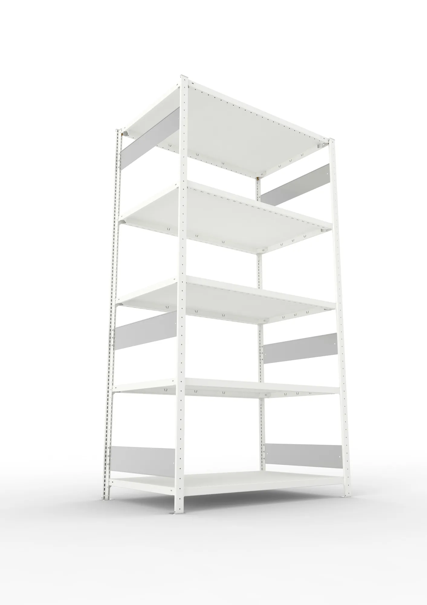 META CLIP S3, Fachbodenregal, Grundregal, 2500 x 1300 x 800 mm, Fachlast 230 kg, 5 Ebenen, Längsriegel, RAL 7035 – Ansicht von unten