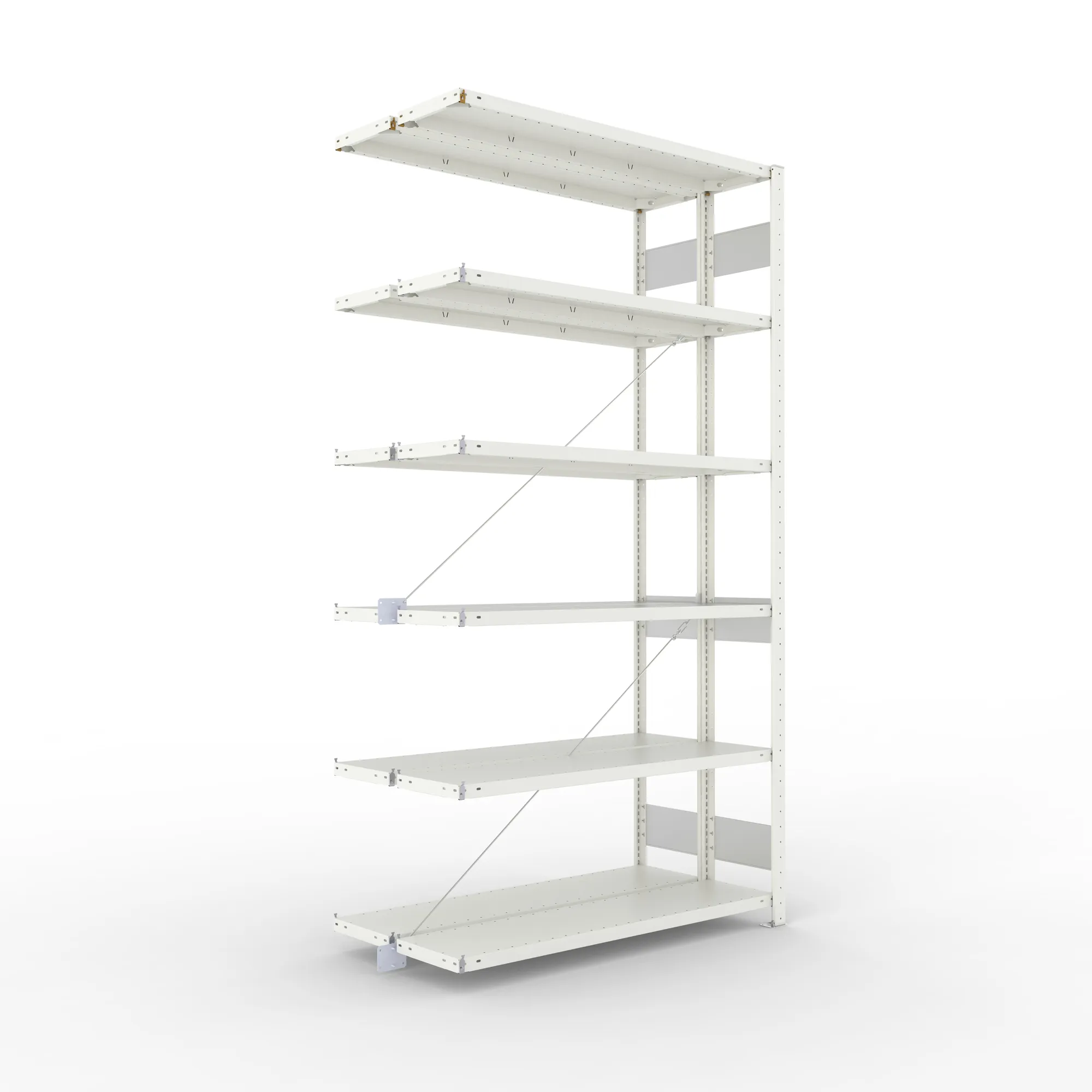 META CLIP S3, Fachbodenregal, Doppel-Anbauregal, 2500 x 1300 x 300 mm, Fachlast 230 kg, 6 Ebenen, RAL 7035 – Ansicht in Blickhöhe