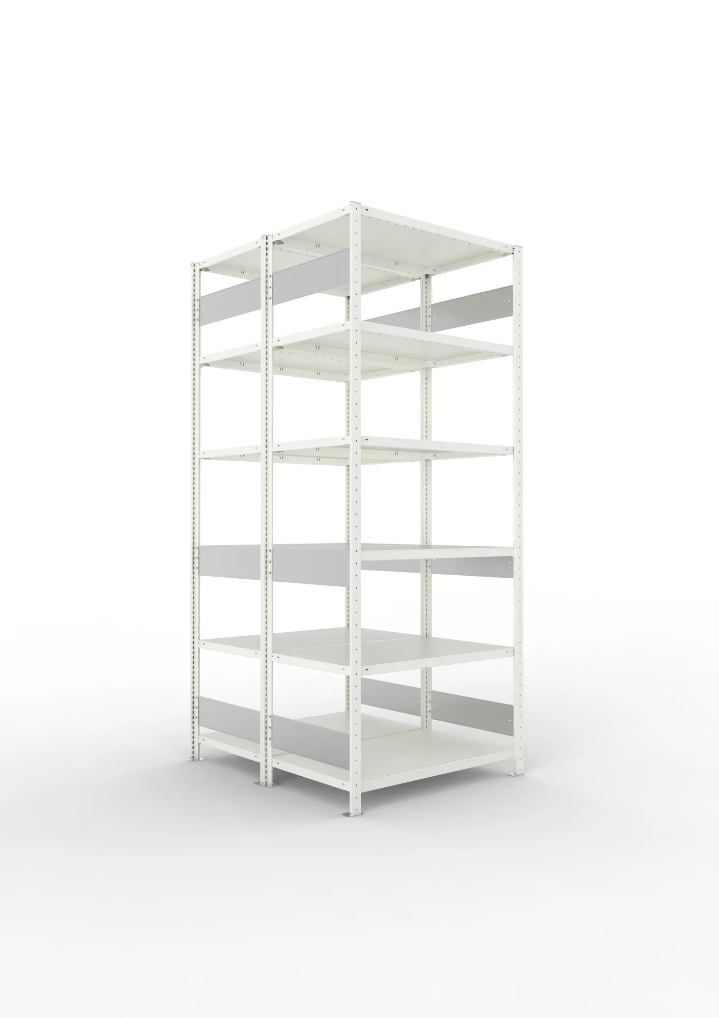 META CLIP S3, Fachbodenregal, Doppel-Grundregal, 2500 x 1000 x 600 mm, Fachlast 150 kg, 6 Ebenen, Längsriegel, RAL 7035 – Ansicht in Blickhöhe