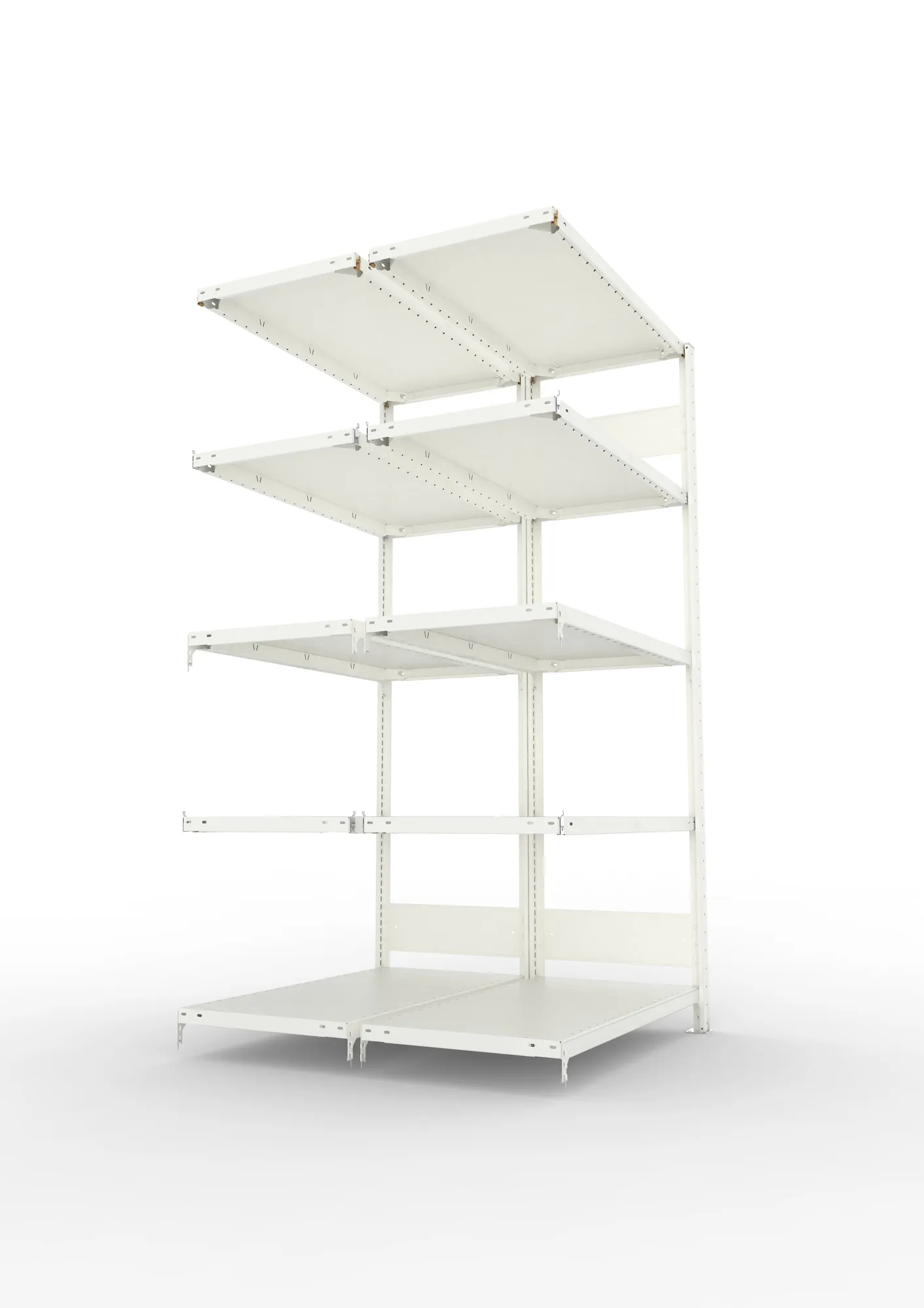 META CLIP S3, Fachbodenregal, Doppel-Anbauregal, 2000 x 1000 x 500 mm, Fachlast 150 kg, 5 Ebenen, Längsriegel, RAL 7035 – Seitenansicht