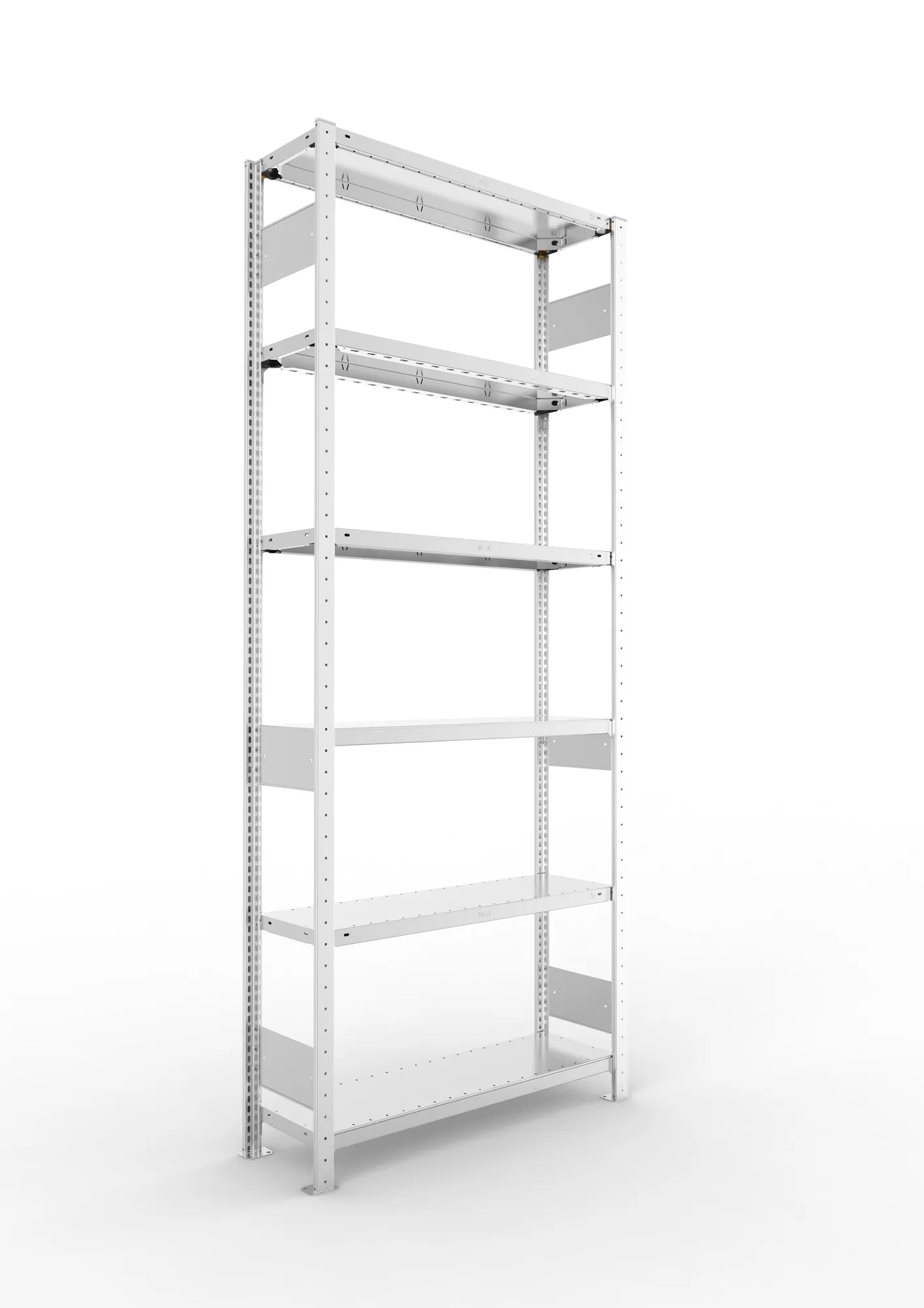 META CLIP S3, Fachbodenregal, Grundregal, 2500 x 1000 x 300 mm, Fachlast 150 kg, 6 Ebenen, Längsriegel, verzinkt – Ansicht in Blickhöhe