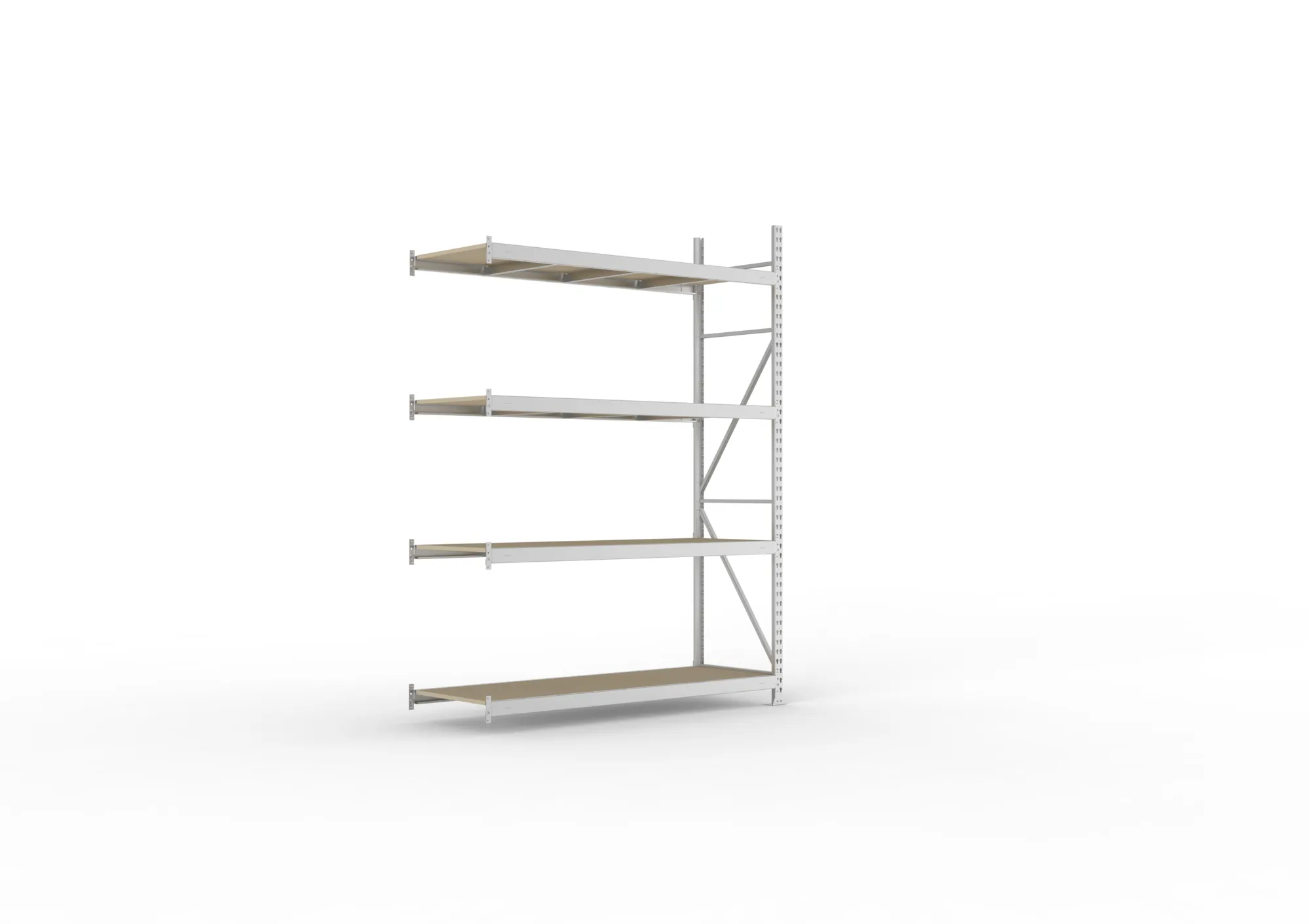 META MINI-RACK, Weitspannregal, Anbauregal, 2500 x 1800 x 650 mm, Fachlast 600 kg, Spanplattenböden, 4 Ebenen – Ansicht in Blickhöhe