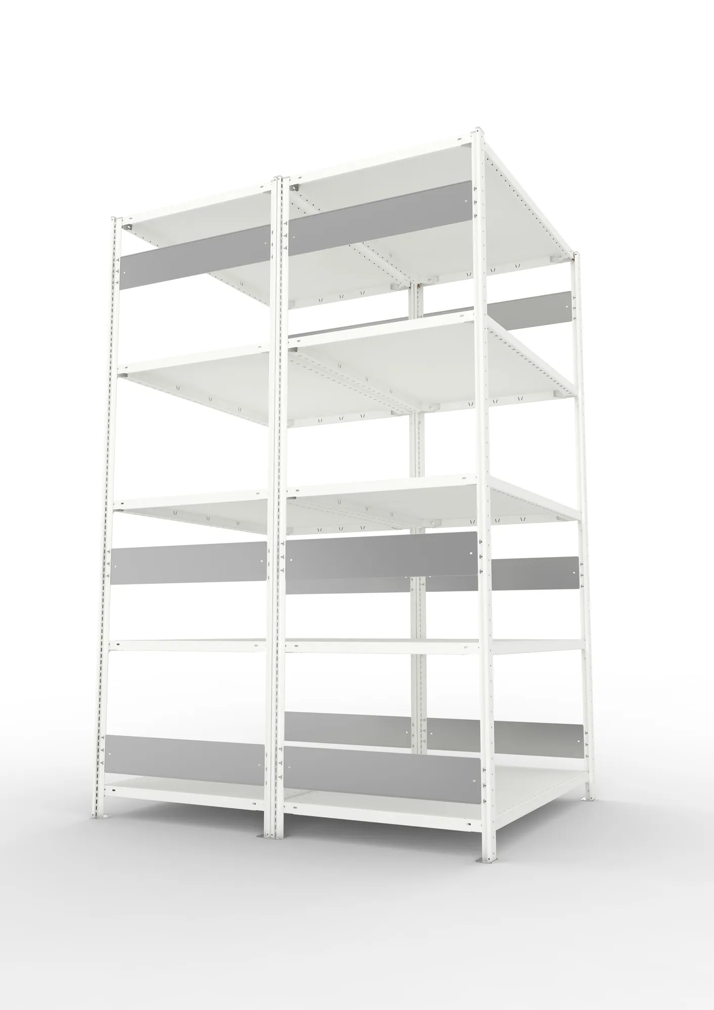 META CLIP S3, Fachbodenregal, Doppel-Grundregal, 2500 x 1300 x 800 mm, Fachlast 230 kg, 5 Ebenen, Längsriegel, RAL 7035 – Seitenansicht