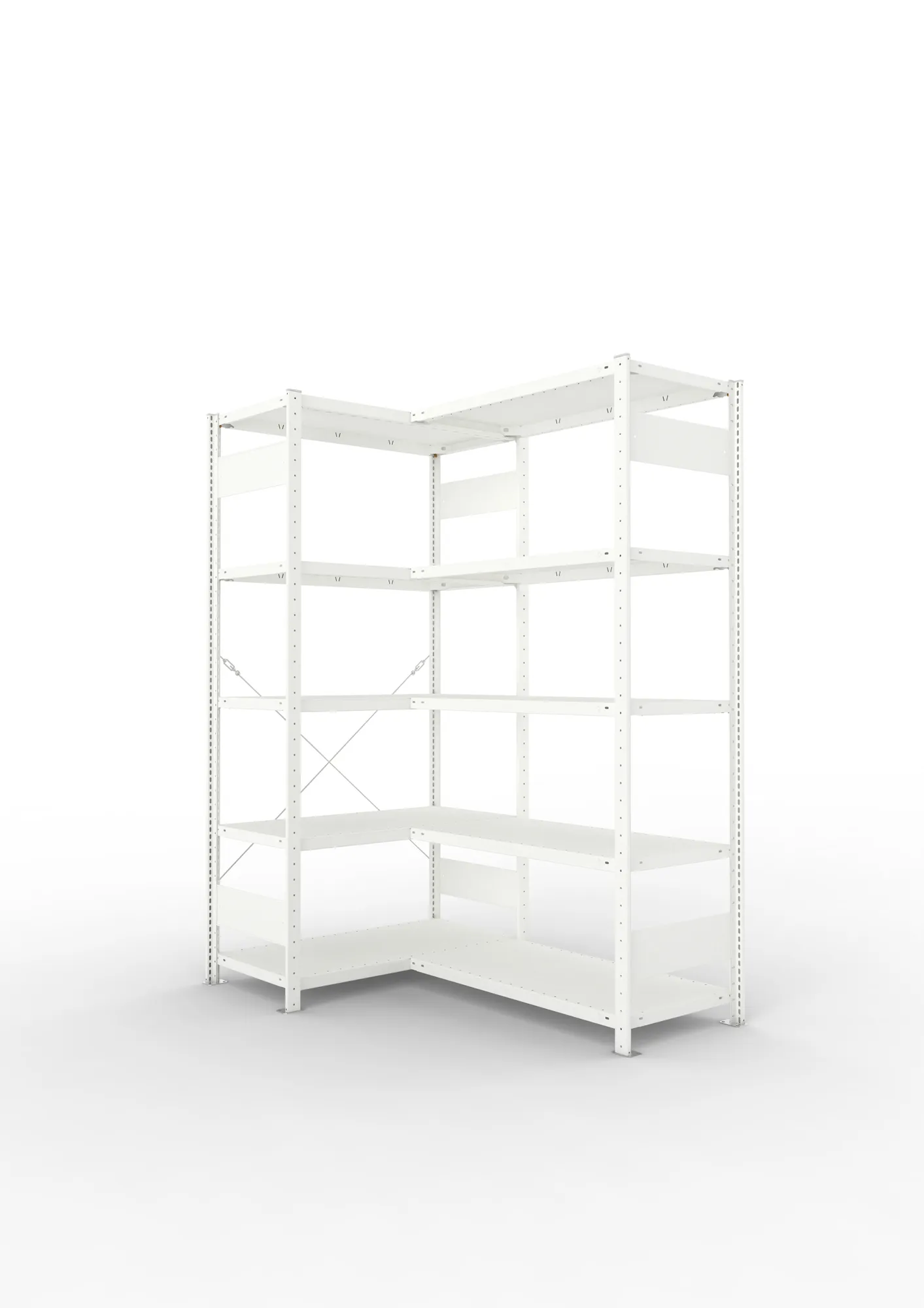 META CLIP, Eckregal, 2000 x 1000 x 500 mm, Fachlast 100 kg, 5 Ebenen, RAL 7035 – Ansicht in Blickhöhe
