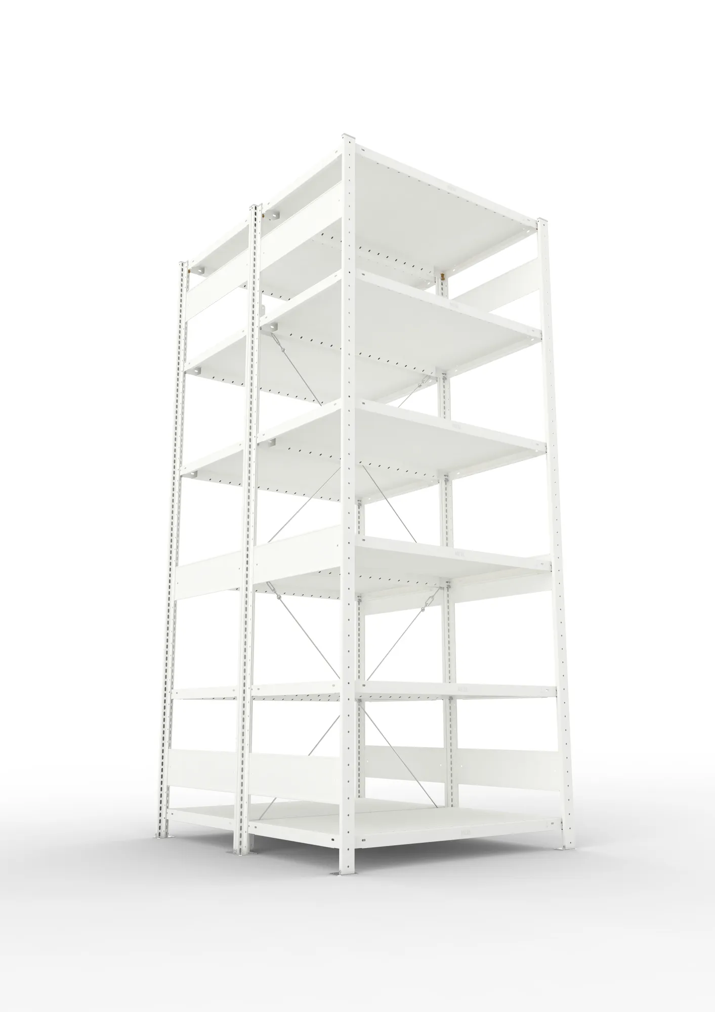 META CLIP, Fachbodenregal, Doppel-Grundregal, 2500 x 1000 x 600 mm, Fachlast 230 kg, 6 Ebenen, RAL 7035 – Ansicht von unten