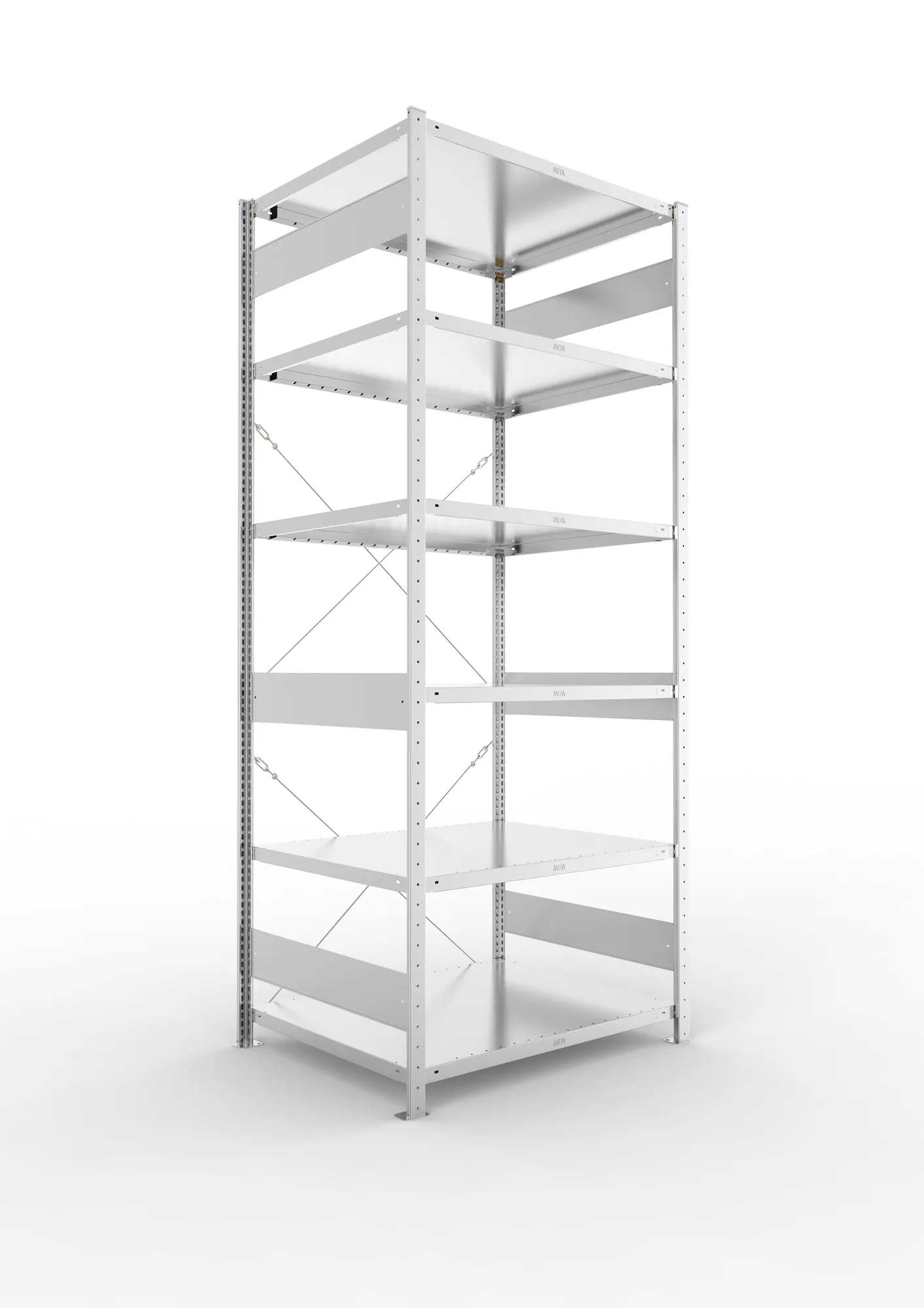 META CLIP, Fachbodenregal, Grundregal, 2500 x 1000 x 800 mm, Fachlast 230 kg, 6 Ebenen, verzinkt – Ansicht in Blickhöhe