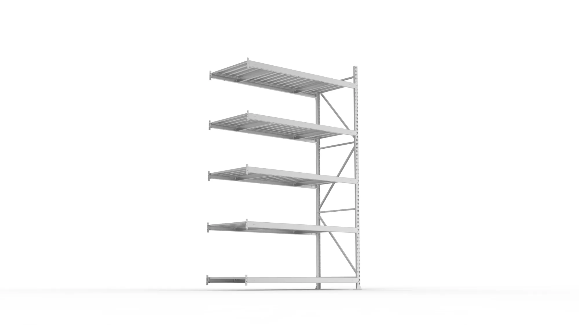 META MINI-RACK, Weitspannregal, Anbauregal, 3000 x 1800 x 800 mm, Fachlast 600 kg, Stahlpaneelböden, 5 Ebenen – Ansicht von unten