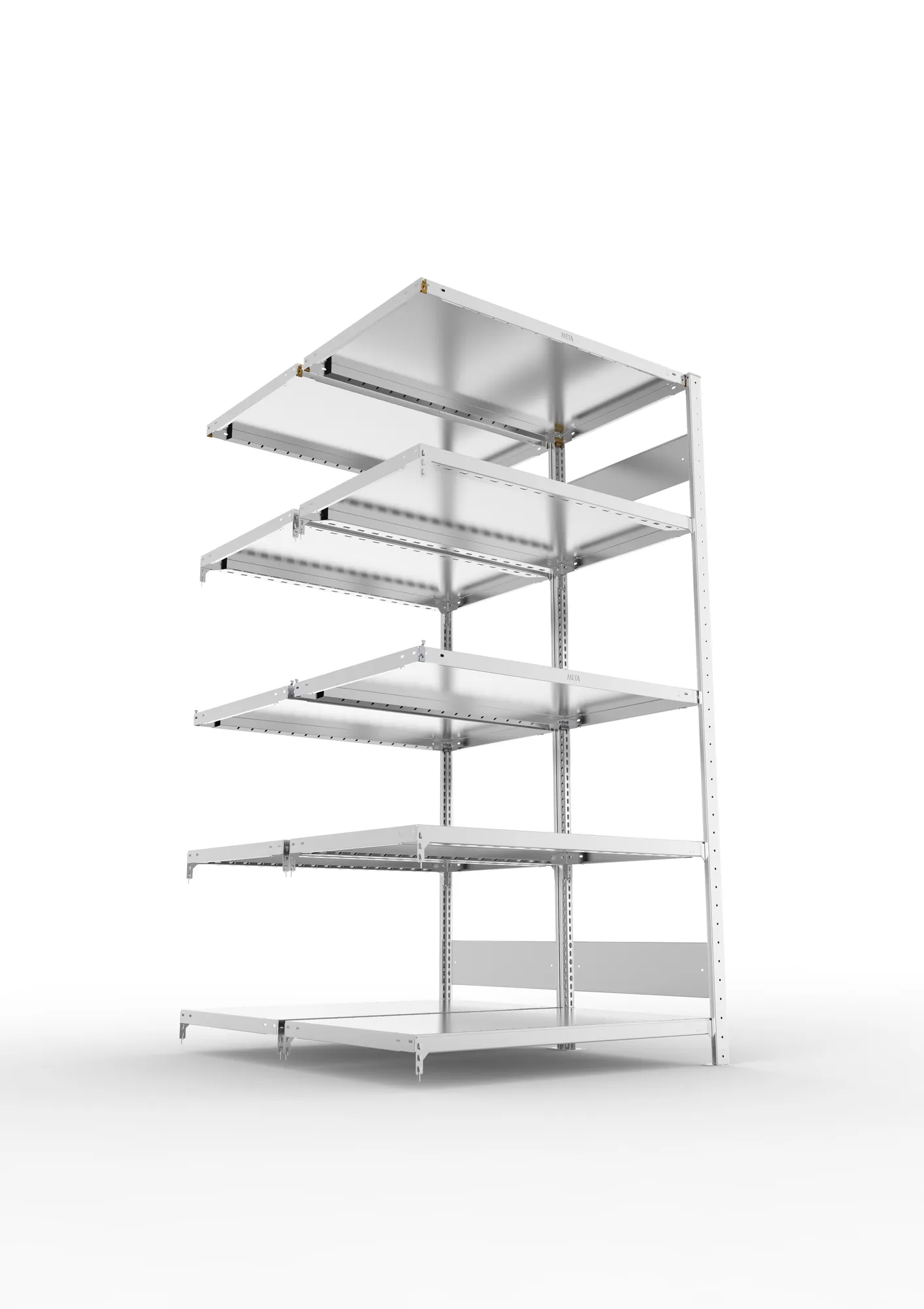 META CLIP S3, Fachbodenregal, Doppel-Anbauregal, 2000 x 1000 x 600 mm, Fachlast 230 kg, 5 Ebenen, Längsriegel, verzinkt – Ansicht von unten