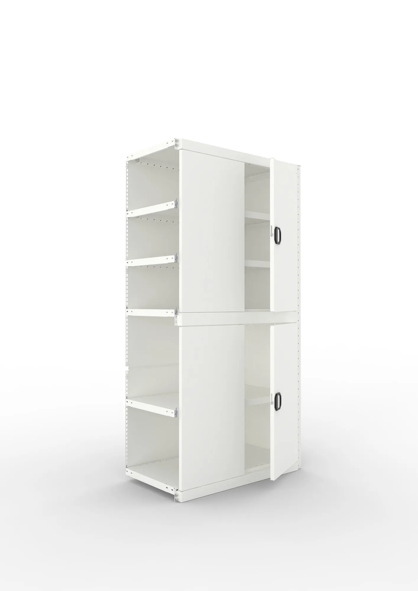 META CLIP, Schrankmodul, Anbauregal, Variante 2, 2000 x 1000 x 500 mm, mit zwei Flügeltüren, RAL 7035 – Ansicht in Blickhöhe