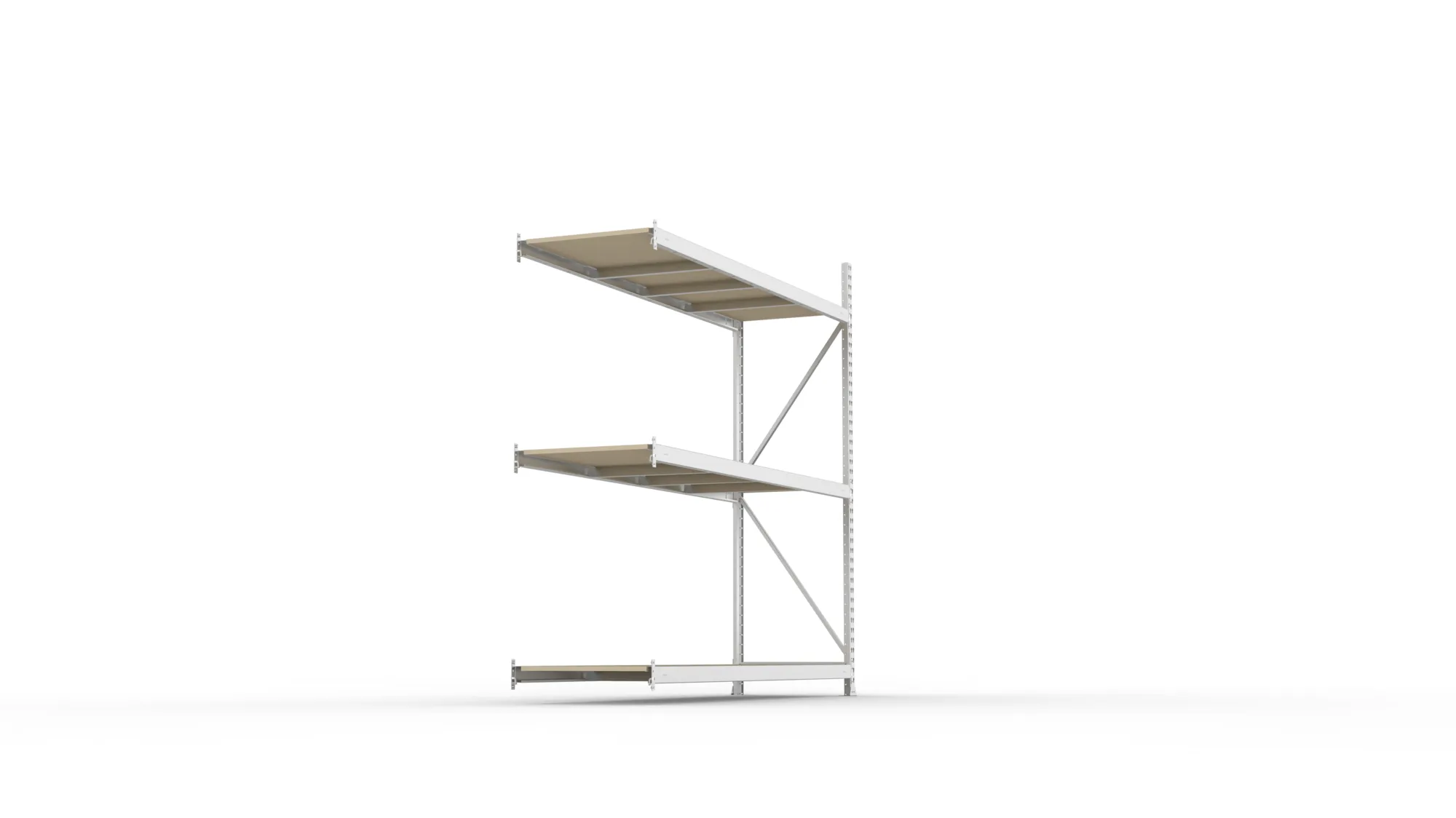 META MINI-RACK, Weitspannregal, Anbauregal, 2200 x 2200 x 650 mm, Fachlast 600 kg, Spanplattenböden, 3 Ebenen – Seitenansicht