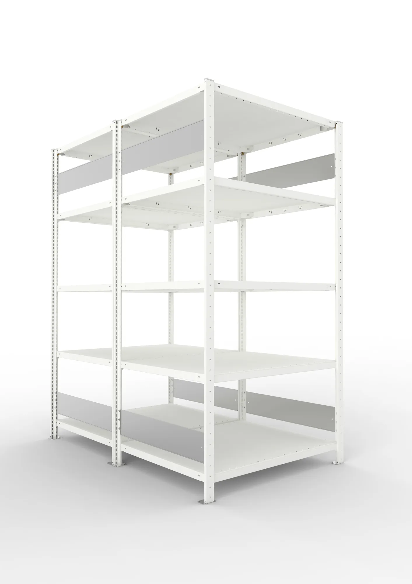 META CLIP S3, Fachbodenregal, Doppel-Grundregal, 2000 x 1000 x 800 mm, Fachlast 230 kg, 5 Ebenen, Längsriegel, RAL 7035 – Ansicht in Blickhöhe
