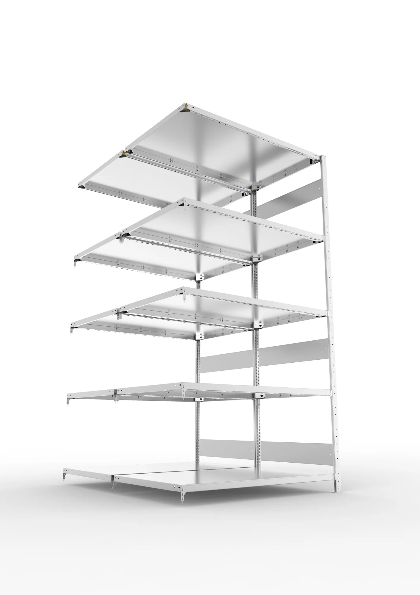 META CLIP S3, Fachbodenregal, Doppel-Anbauregal, 2500 x 1300 x 800 mm, Fachlast 230 kg, 5 Ebenen, Längsriegel, verzinkt – Ansicht von unten