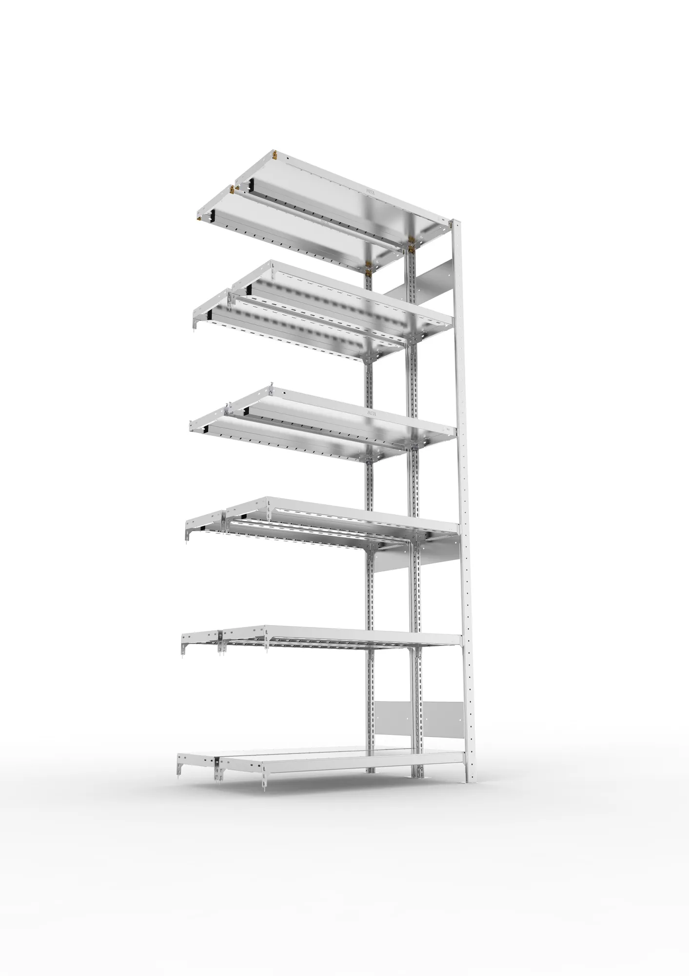 META CLIP S3, Fachbodenregal, Doppel-Anbauregal, 2500 x 1000 x 300 mm, Fachlast 230 kg, 6 Ebenen, Längsriegel, verzinkt – Ansicht von unten
