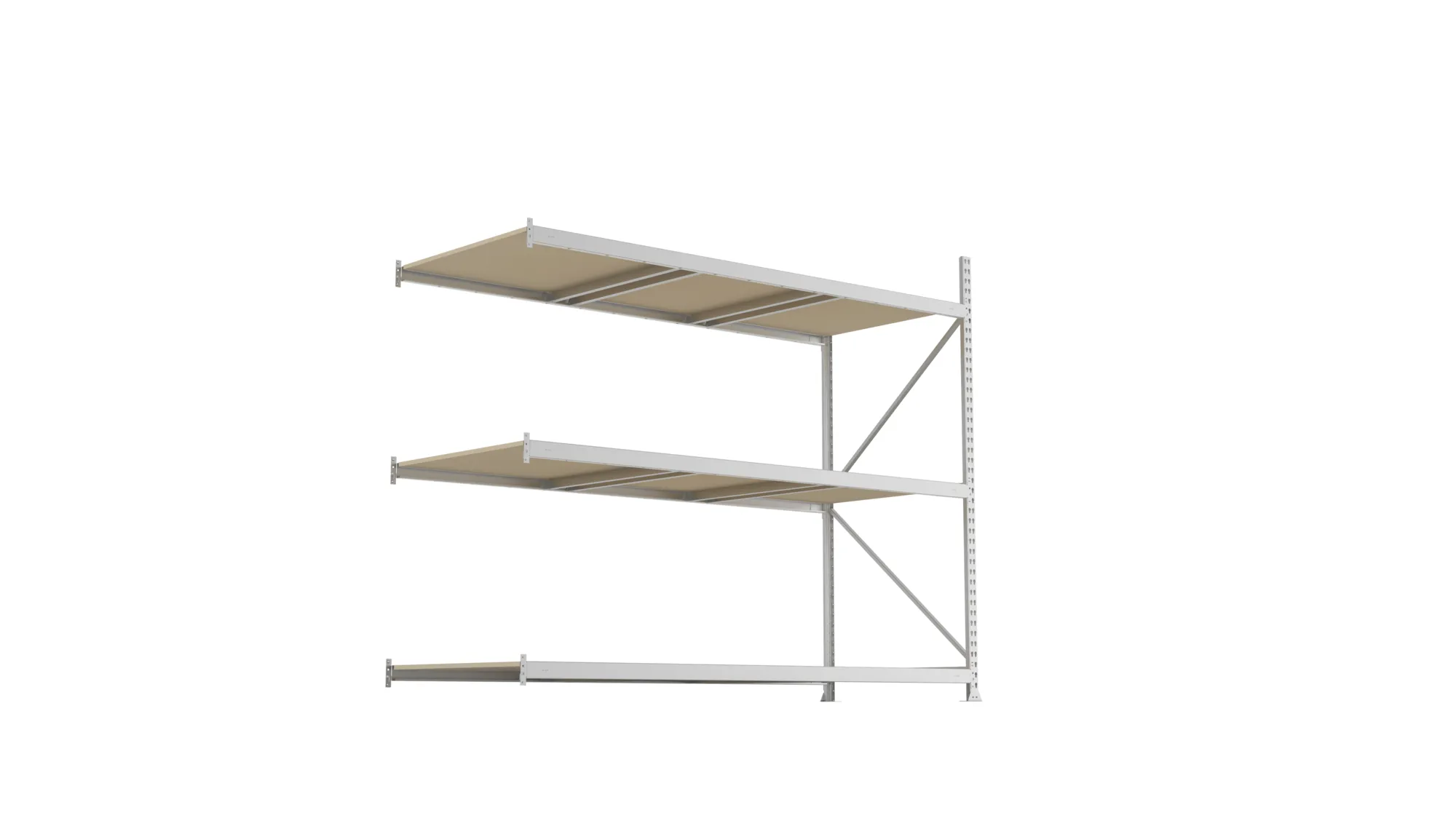 META MINI-RACK, Weitspannregal, Anbauregal, 2200 x 2600 x 1050 mm, Fachlast 490 kg, Spanplattenböden, 3 Ebenen – Ansicht von unten