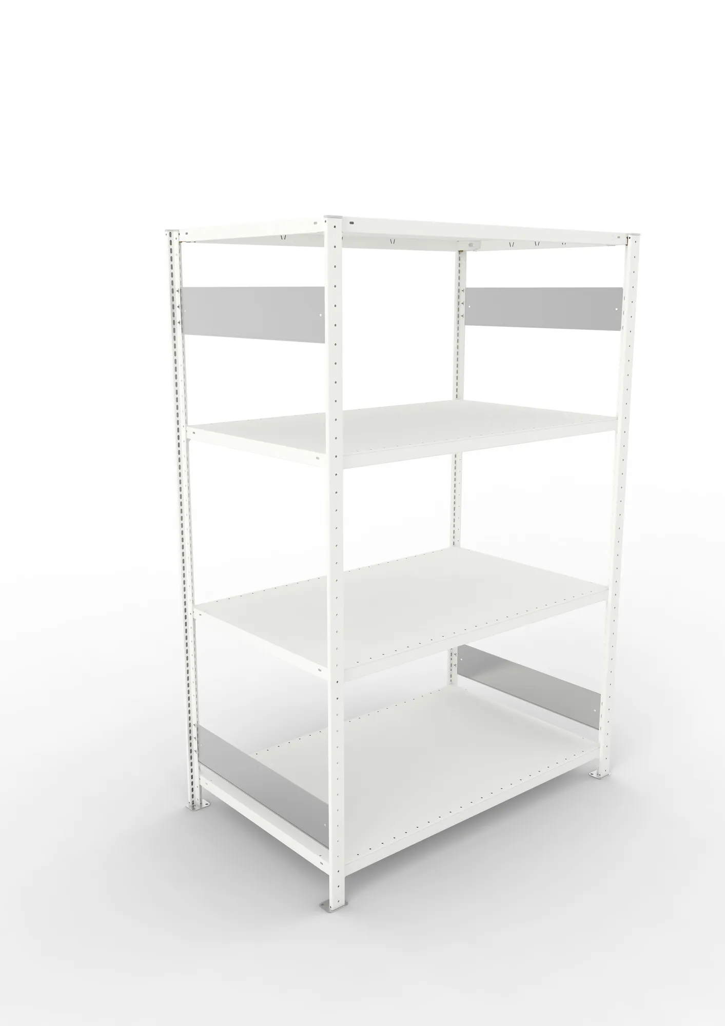 META CLIP S3, Fachbodenregal, Grundregal, 2000 x 1300 x 800 mm, Fachlast 230 kg, 4 Ebenen, Längsriegel, RAL 7035 – Ansicht von oben