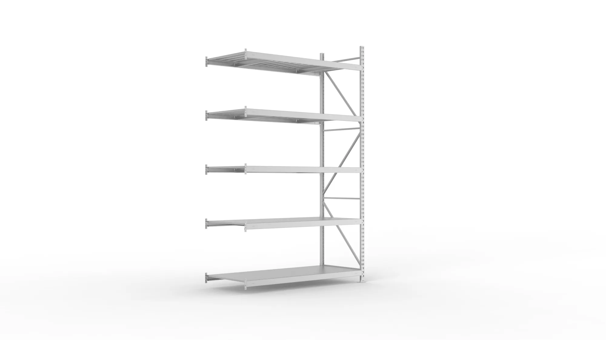 META MINI-RACK, Weitspannregal, Anbauregal, 3000 x 1800 x 800 mm, Fachlast 600 kg, Stahlpaneelböden, 5 Ebenen – Ansicht in Blickhöhe