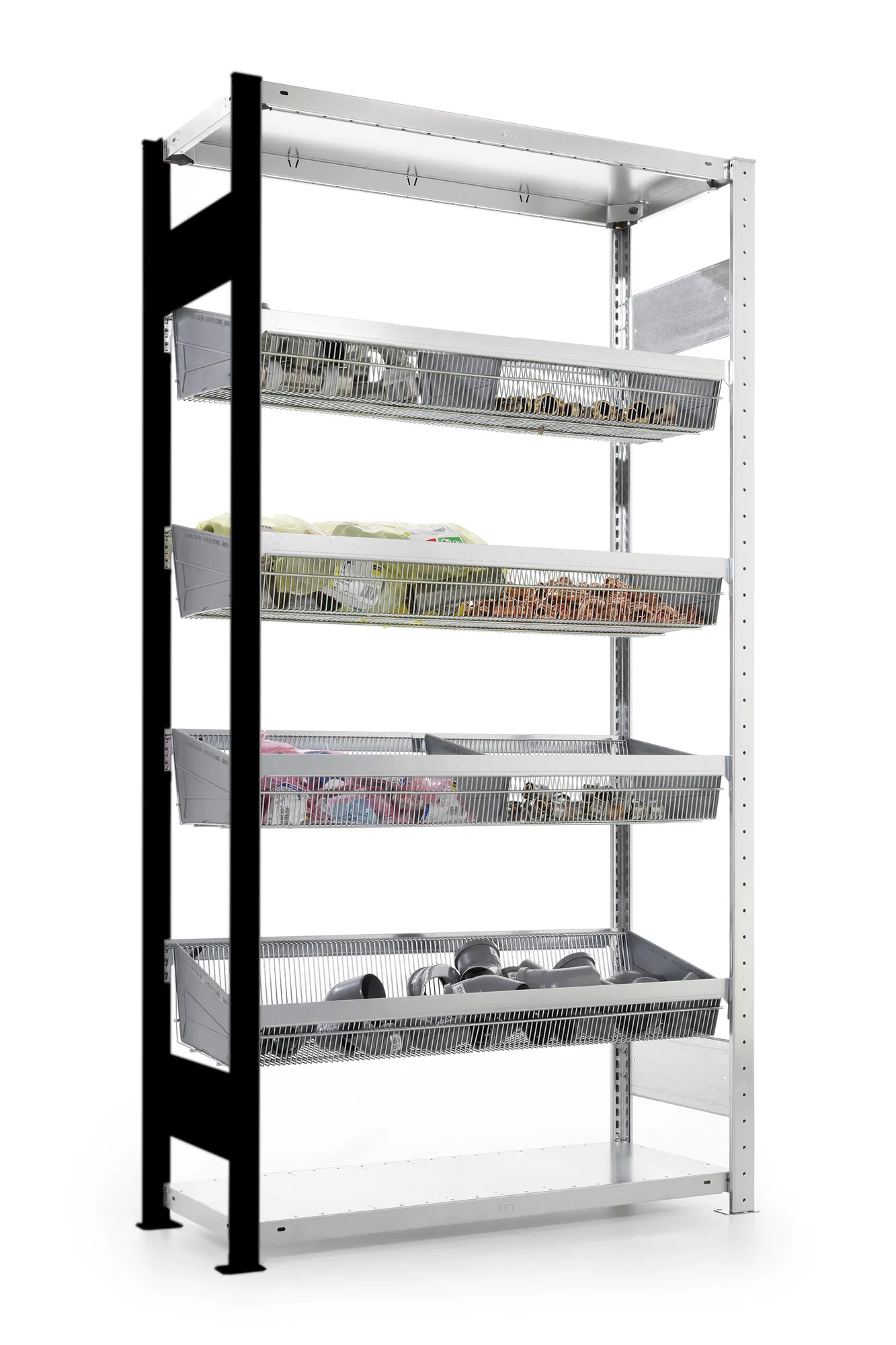 META CLIP, Gitterkorbregal, Anbauregal, 2000 x 1000 x 400 mm, Fachlast 100 kg, verzinkt – Ansicht in Blickhöhe