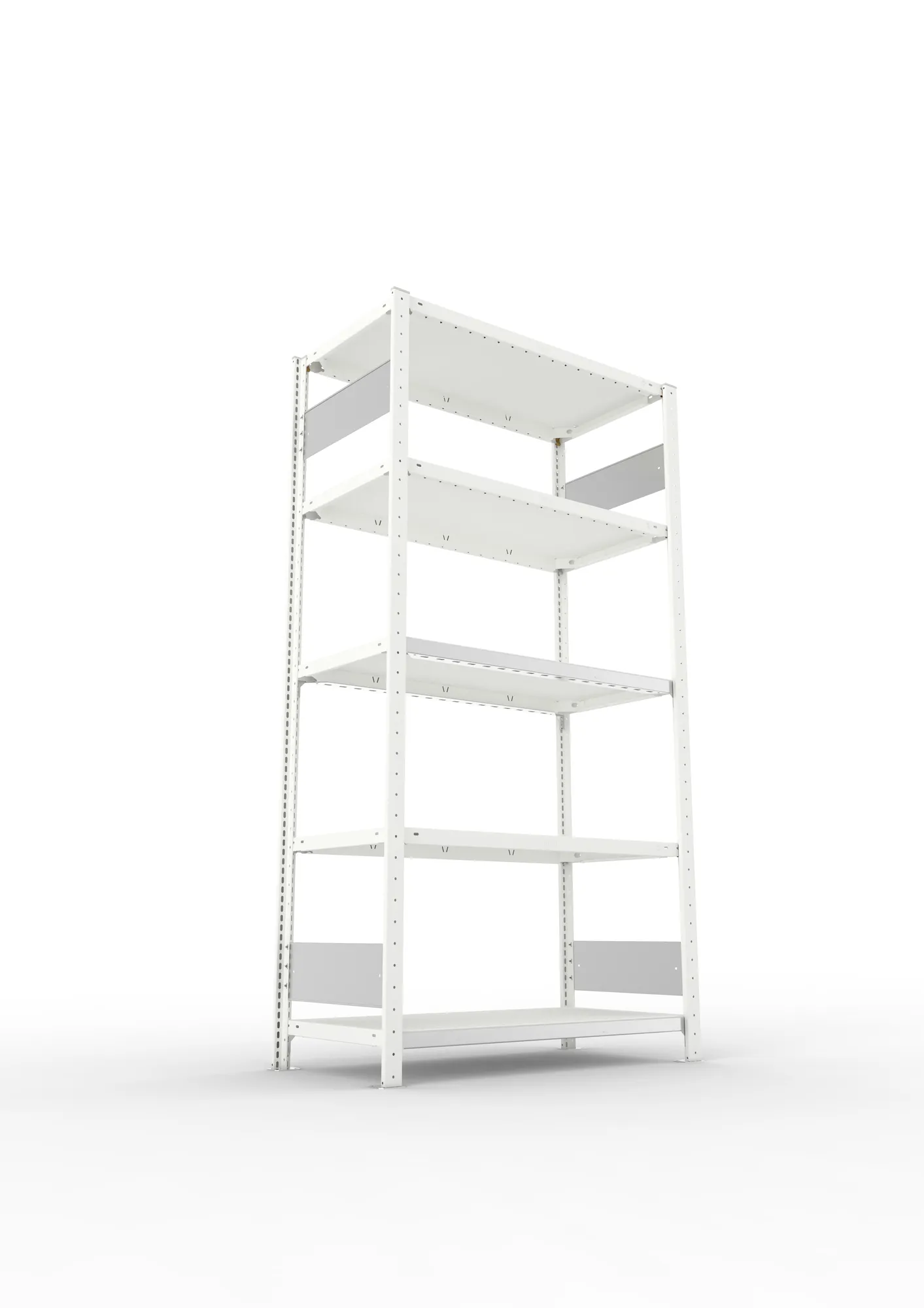 META CLIP S3, Fachbodenregal, Grundregal, 2000 x 1000 x 500 mm, Fachlast 150 kg, 5 Ebenen, Längsriegel, RAL 7035 – Ansicht von unten