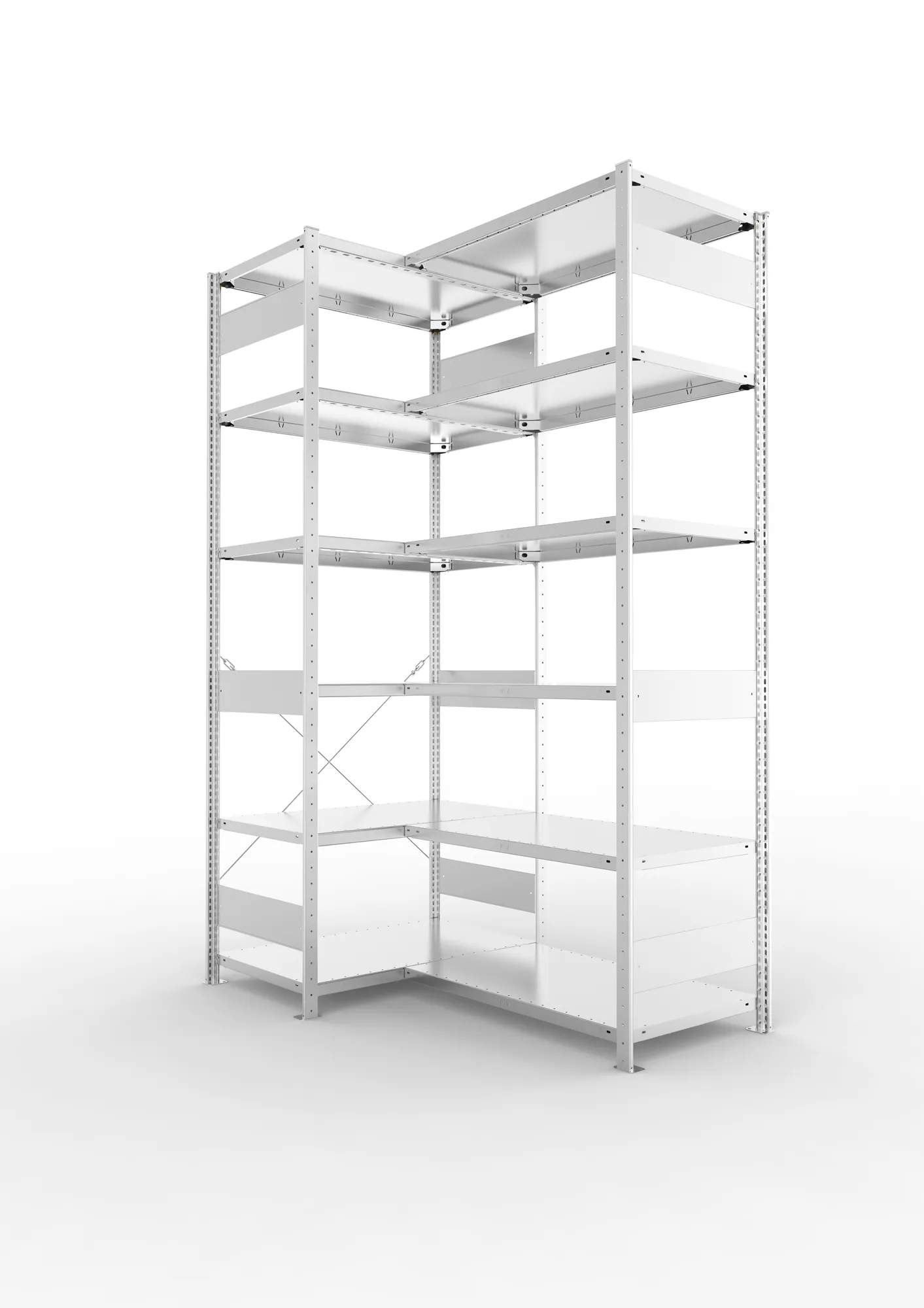 META CLIP, Eckregal, 2500 x 1000 x 600 mm, Fachlast 100 kg, 6 Ebenen, verzinkt – Ansicht in Blickhöhe