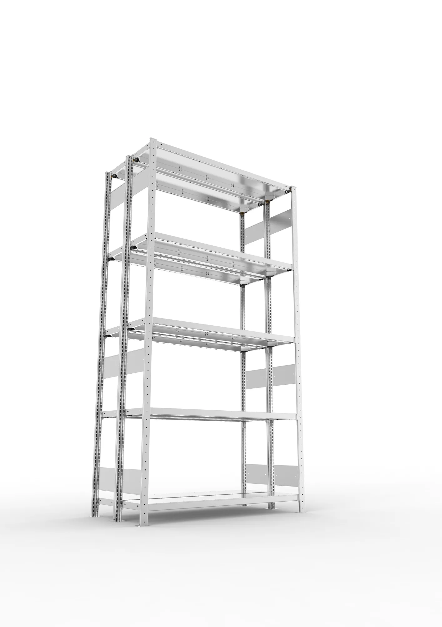 META CLIP S3, Fachbodenregal, Doppel-Grundregal, 2500 x 1300 x 300 mm, Fachlast 230 kg, 5 Ebenen, Längsriegel, verzinkt – Ansicht von unten