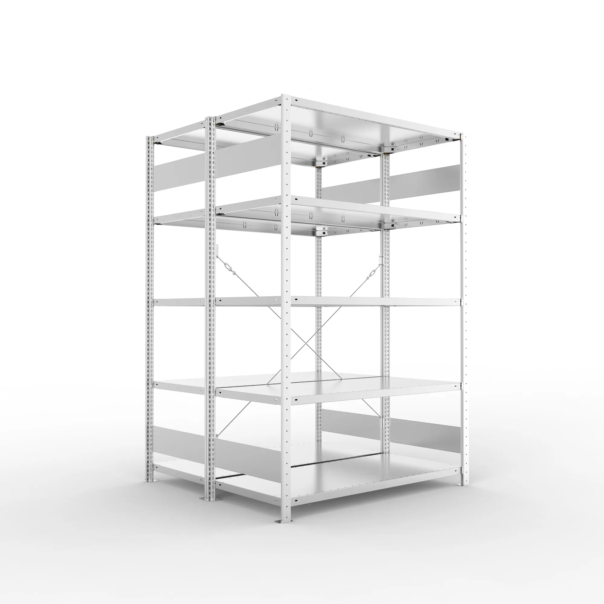 META CLIP S3, Fachbodenregal, Doppel-Grundregal, 2000 x 1300 x 600 mm, Fachlast 230 kg, 5 Ebenen, verzinkt – Ansicht in Blickhöhe