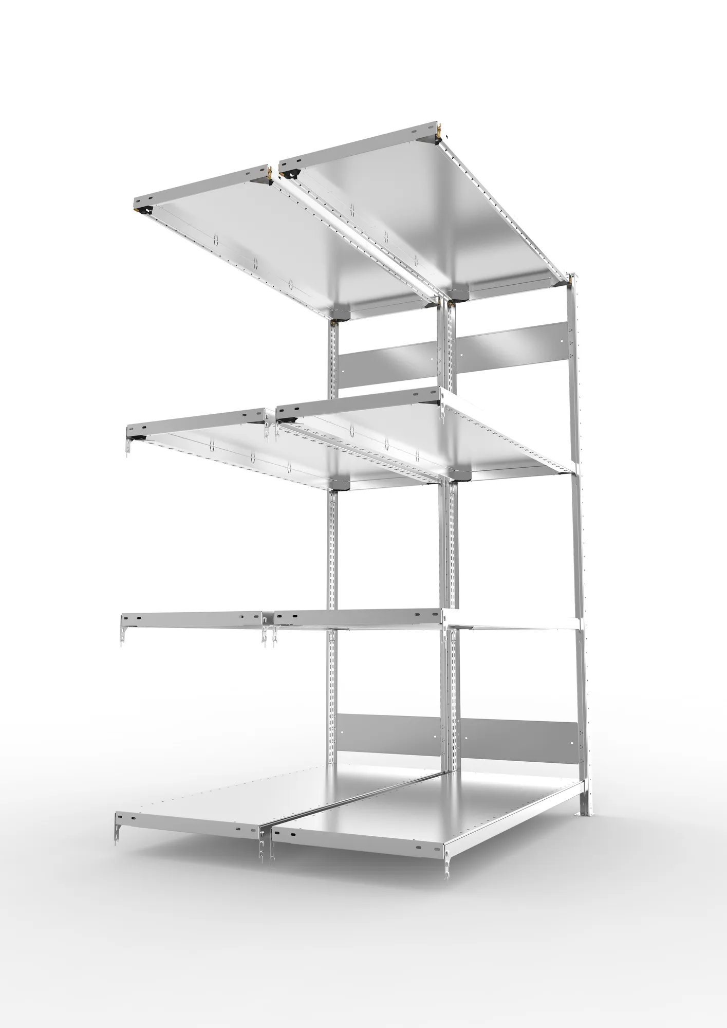 META CLIP S3, Fachbodenregal, Doppel-Anbauregal, 2000 x 1300 x 500 mm, Fachlast 230 kg, 4 Ebenen, Längsriegel, verzinkt – Seitenansicht