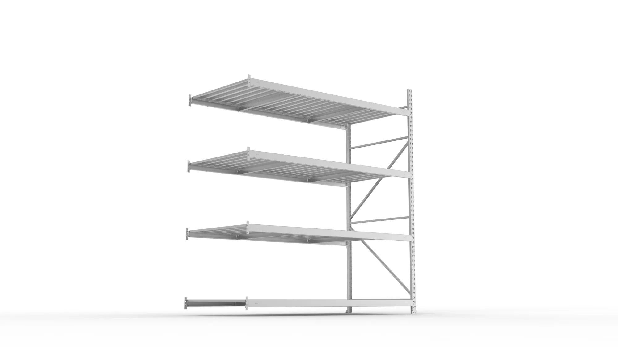META MINI-RACK, Weitspannregal, Anbauregal, 2500 x 2200 x 1050 mm, Fachlast 600 kg, Stahlpaneelböden, 4 Ebenen – Ansicht von unten
