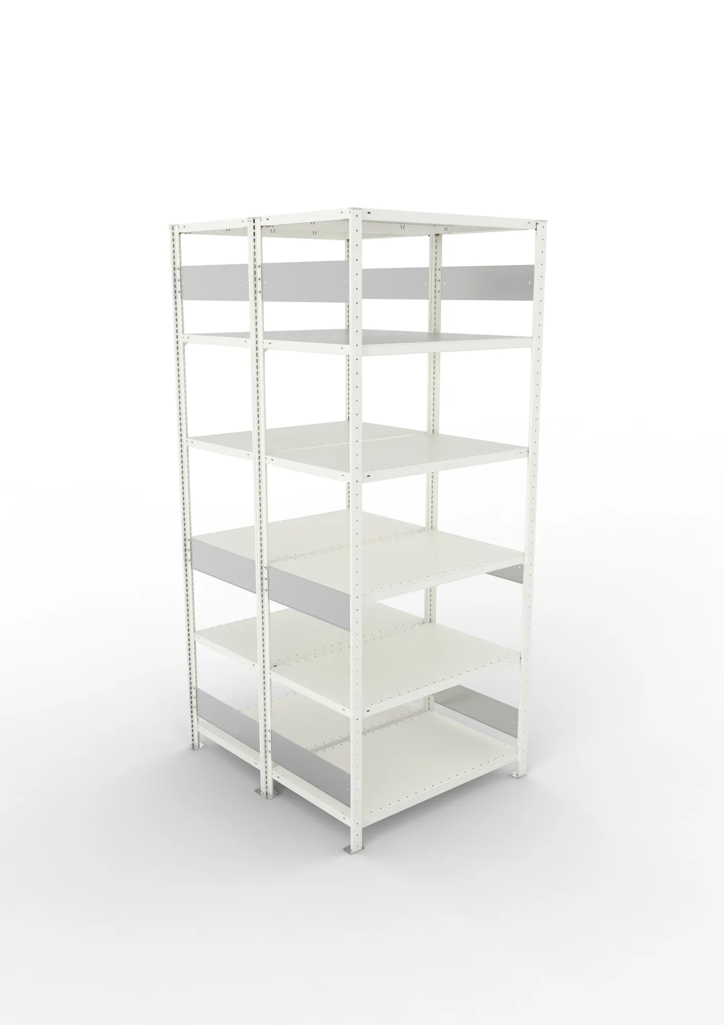 META CLIP S3, Fachbodenregal, Doppel-Grundregal, 2500 x 1000 x 600 mm, Fachlast 150 kg, 6 Ebenen, Längsriegel, RAL 7035 – Ansicht von oben