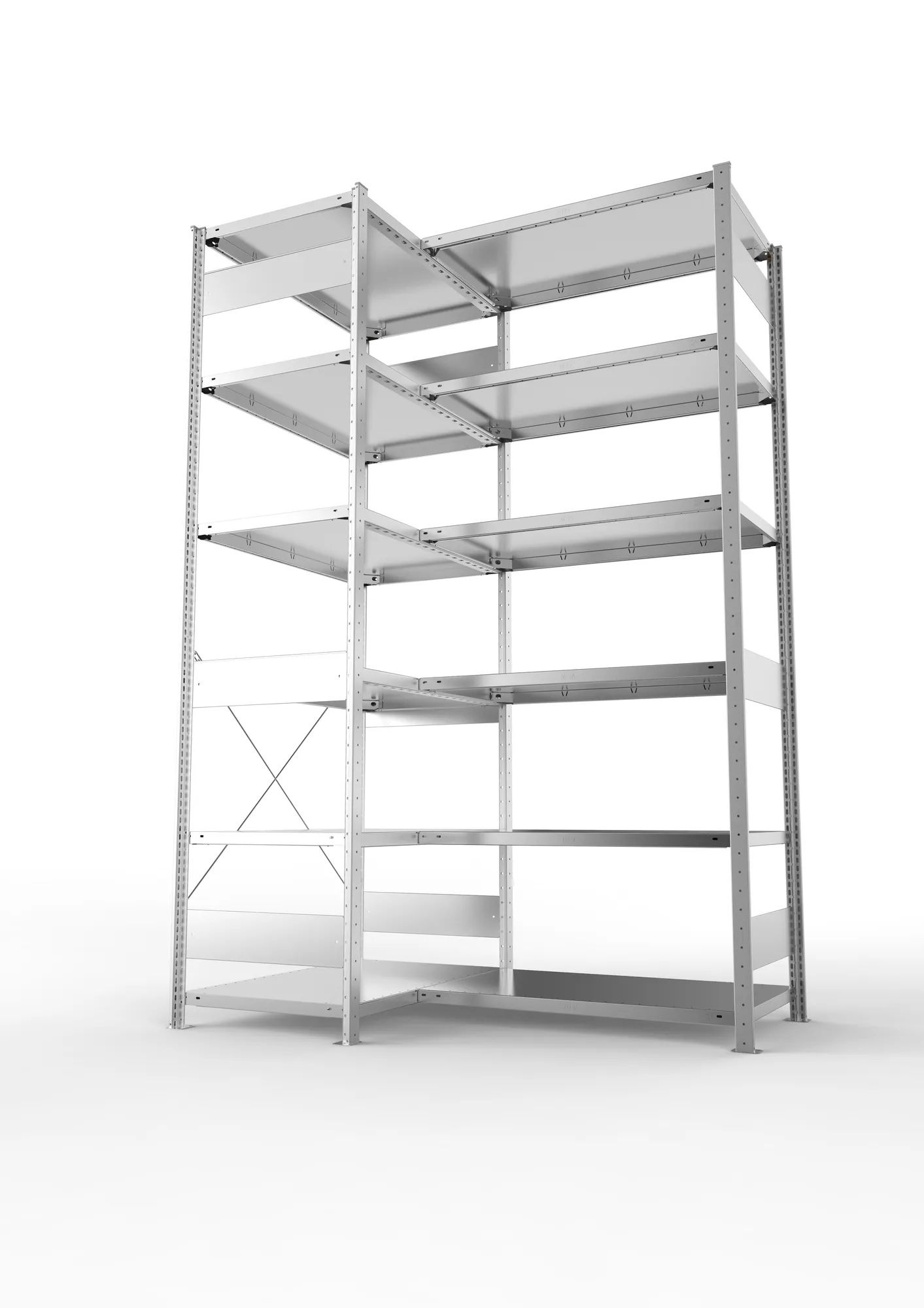 META CLIP, Eckregal, 2500 x 1000 x 600 mm, Fachlast 100 kg, 6 Ebenen, verzinkt – Seitenansicht