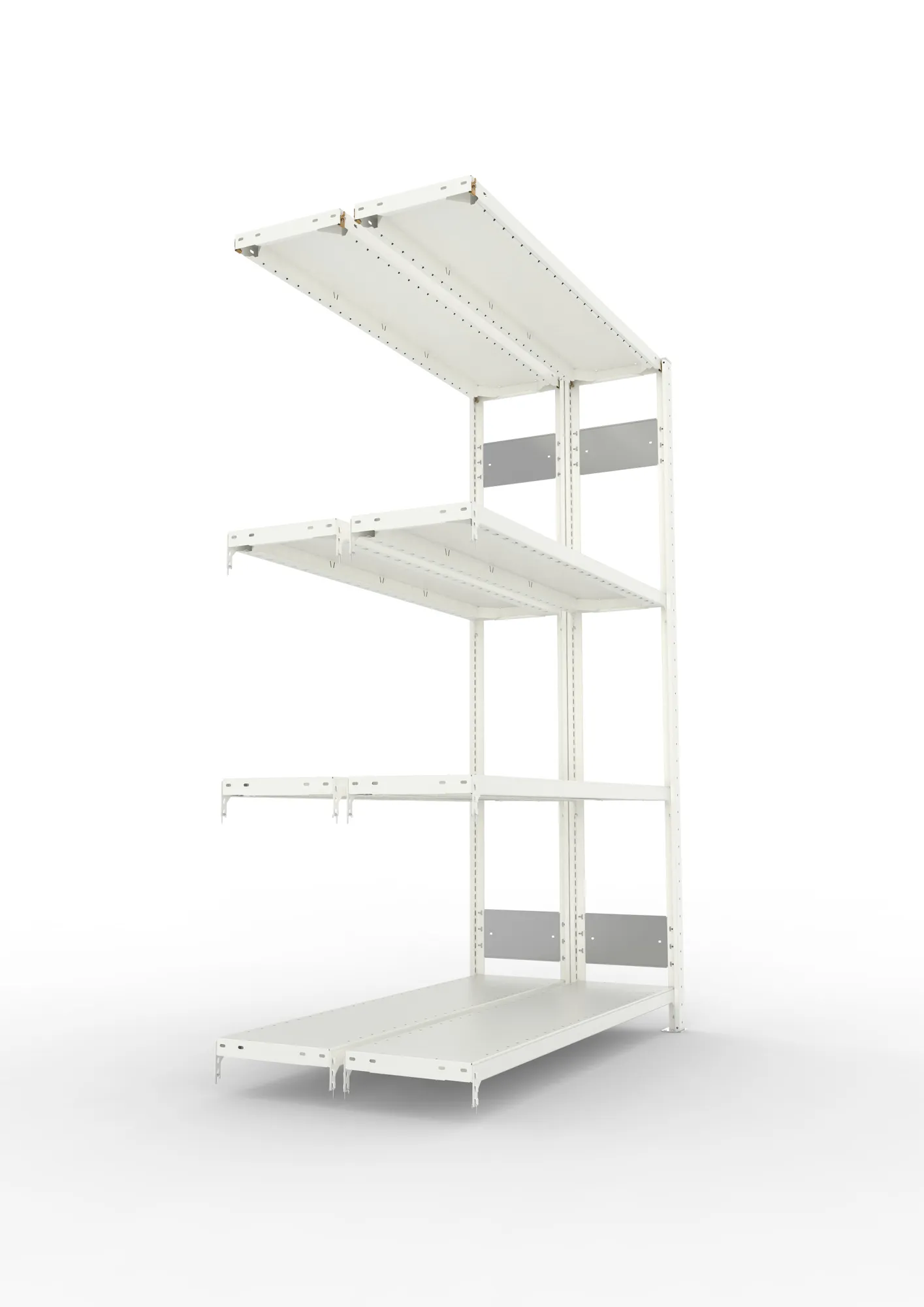 META CLIP S3, Fachbodenregal, Doppel-Anbauregal, 2000 x 1300 x 300 mm, Fachlast 230 kg, 4 Ebenen, Längsriegel, RAL 7035 – Seitenansicht