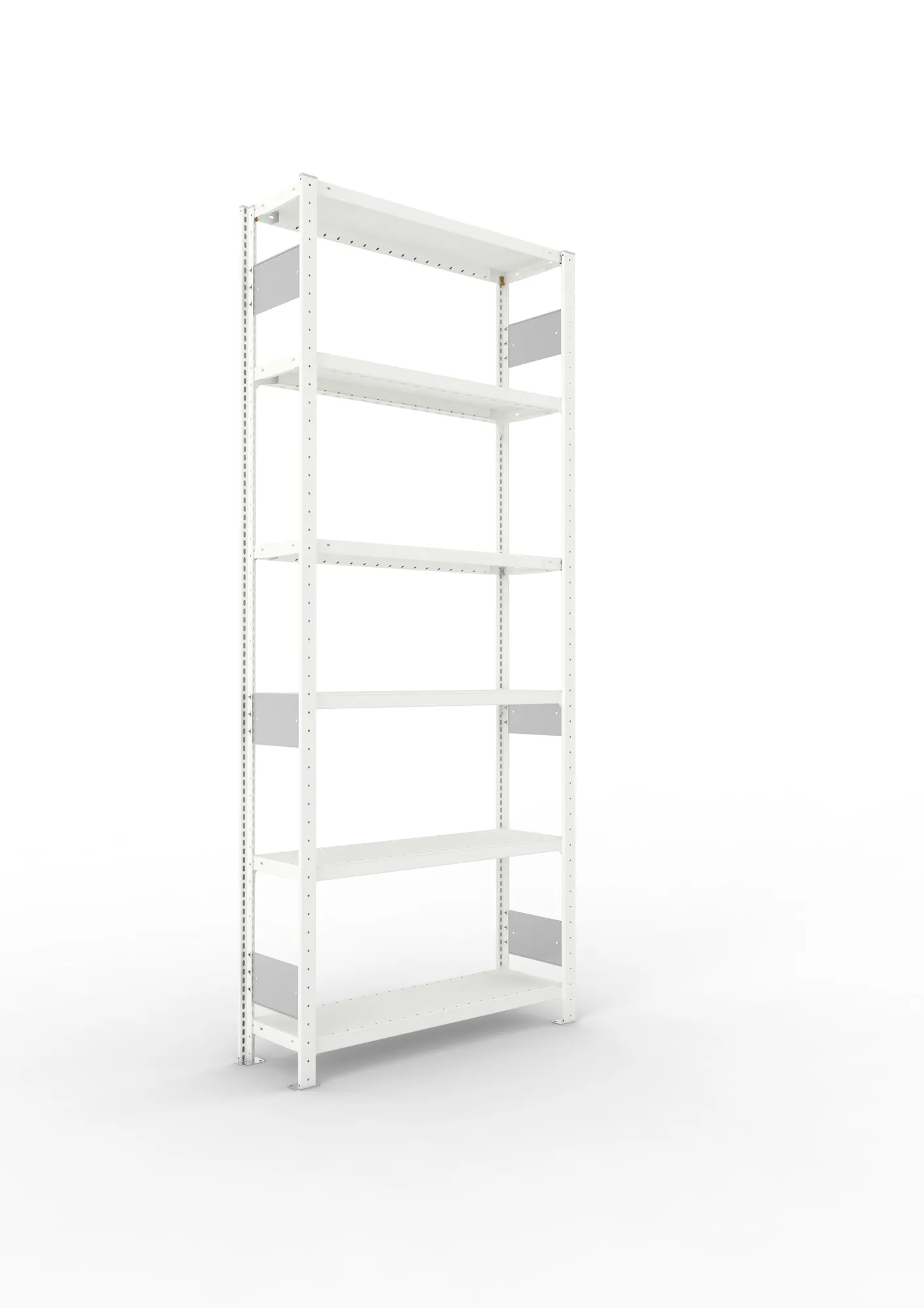 META CLIP S3, Fachbodenregal, Grundregal, 2500 x 1000 x 300 mm, Fachlast 230 kg, 6 Ebenen, Längsriegel, RAL 7035 – Ansicht in Blickhöhe