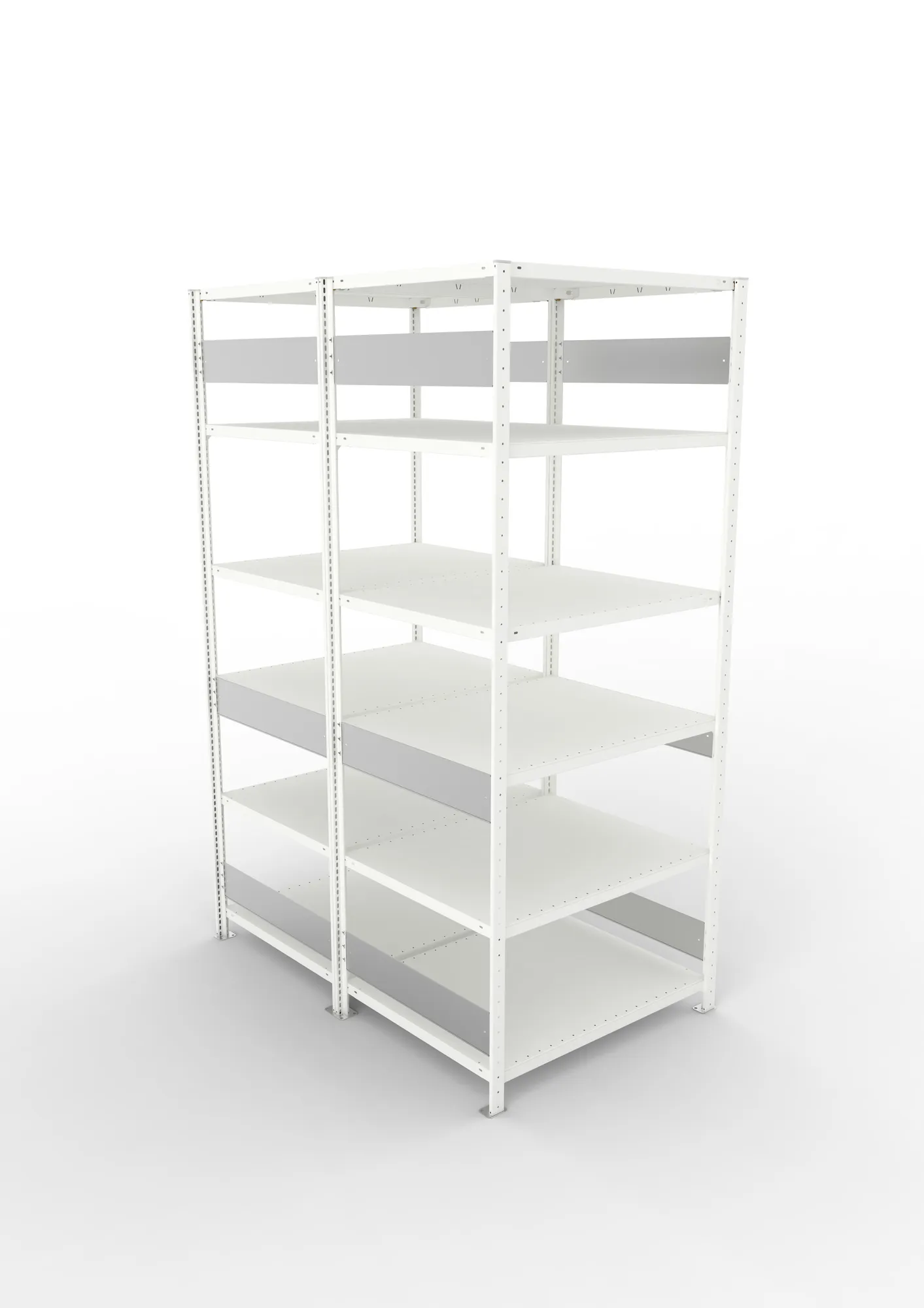 META CLIP S3, Fachbodenregal, Doppel-Grundregal, 2500 x 1000 x 800 mm, Fachlast 230 kg, 6 Ebenen, Längsriegel, RAL 7035 – Ansicht von oben
