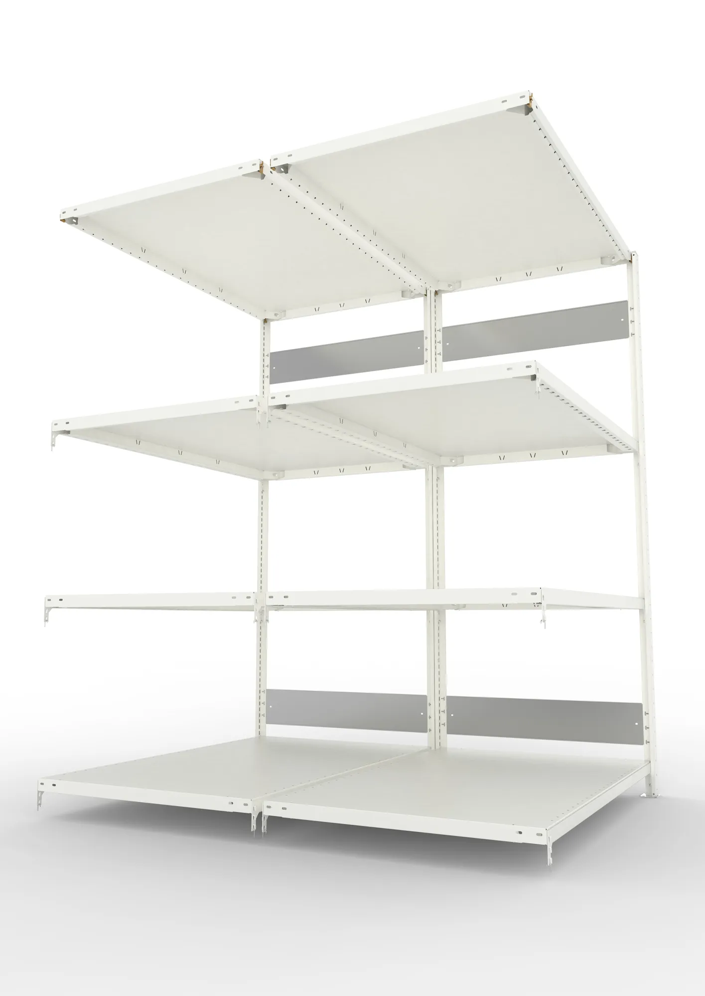 META CLIP S3, Fachbodenregal, Doppel-Anbauregal, 2000 x 1300 x 800 mm, Fachlast 230 kg, 4 Ebenen, Längsriegel, RAL 7035 – Seitenansicht