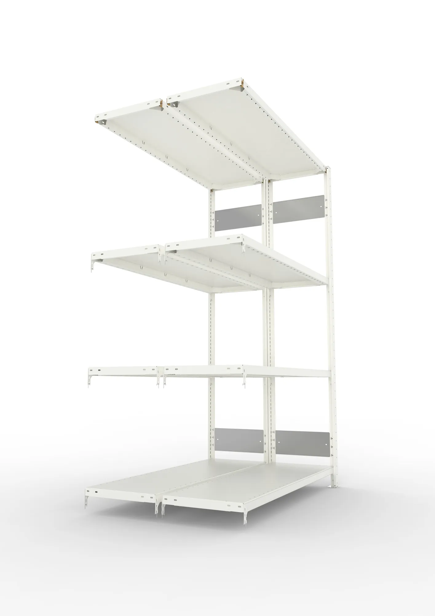 META CLIP S3, Fachbodenregal, Doppel-Anbauregal, 2000 x 1300 x 400 mm, Fachlast 230 kg, 4 Ebenen, Längsriegel, RAL 7035 – Seitenansicht