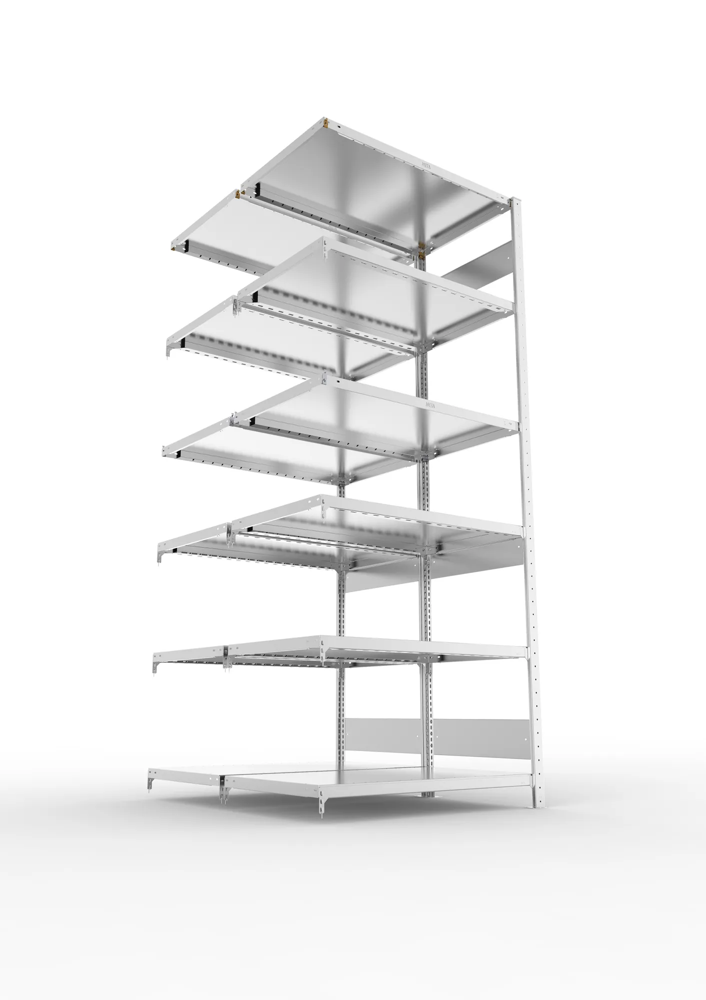 META CLIP S3, Fachbodenregal, Doppel-Anbauregal, 2500 x 1000 x 600 mm, Fachlast 230 kg, 6 Ebenen, Längsriegel, verzinkt – Ansicht von unten