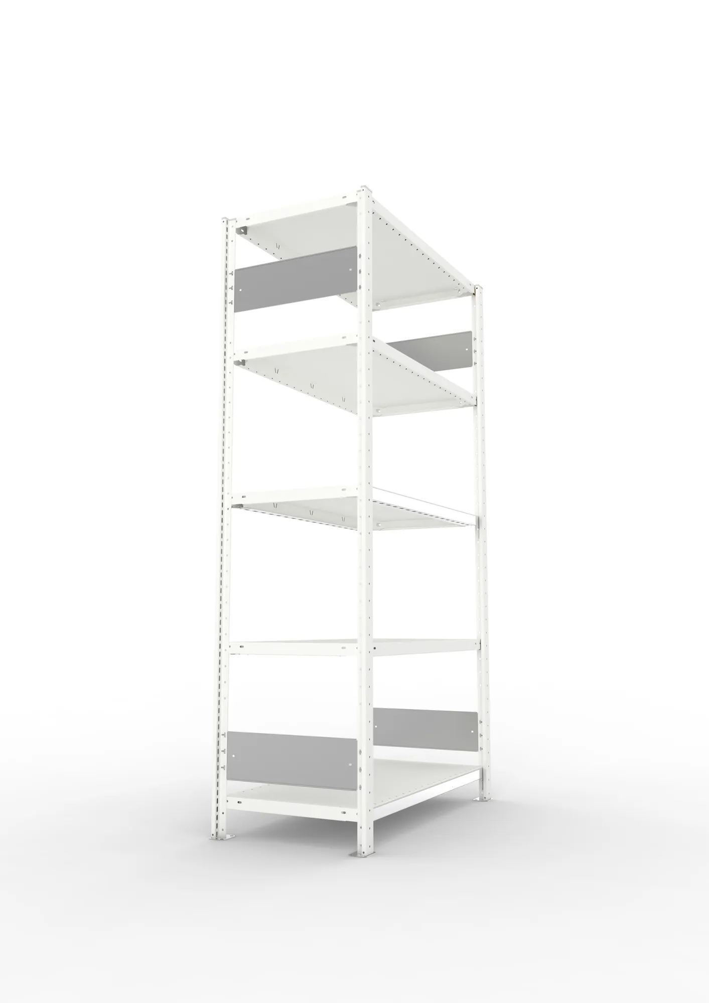 META CLIP S3, Fachbodenregal, Grundregal, 2000 x 1000 x 500 mm, Fachlast 150 kg, 5 Ebenen, Längsriegel, RAL 7035 – Seitenansicht