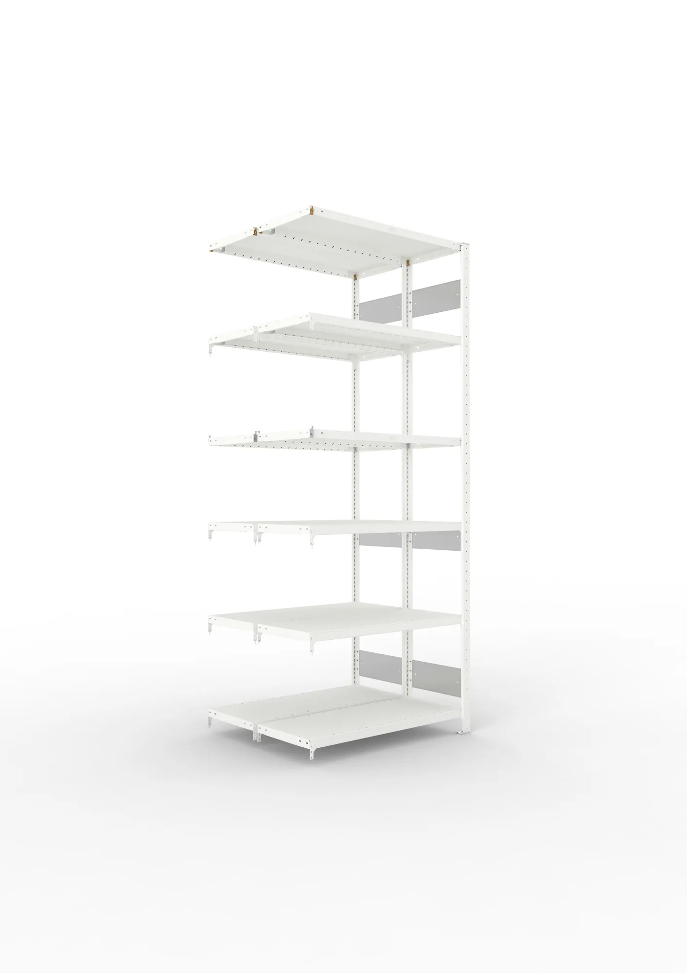 META CLIP S3, Fachbodenregal, Doppel-Anbauregal, 2500 x 1000 x 400 mm, Fachlast 230 kg, 6 Ebenen, Längsriegel, RAL 7035 – Ansicht in Blickhöhe