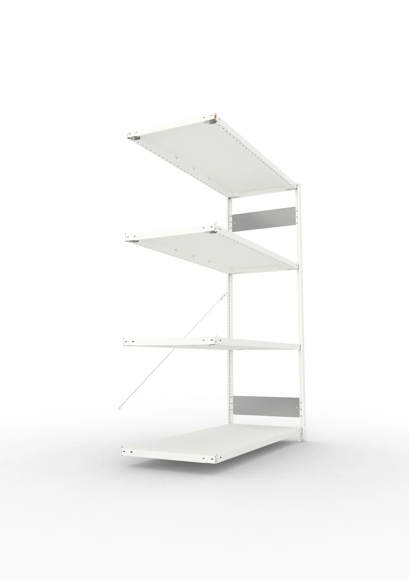 META CLIP S3, Fachbodenregal, Anbauregal, 2000 x 1500 x 600 mm, Fachlast 200 kg, 4 Ebenen, RAL 7035 – Seitenansicht