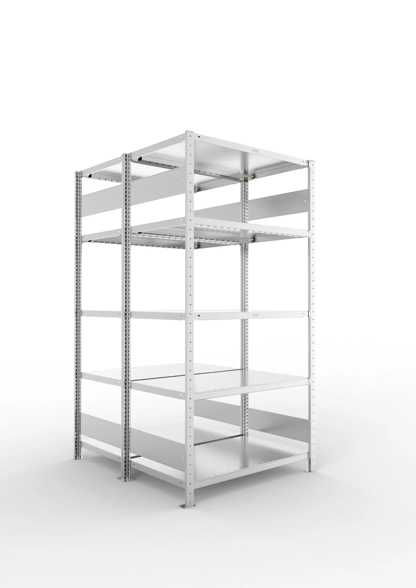 META CLIP S3, Fachbodenregal, Doppel-Grundregal, 2000 x 1000 x 600 mm, Fachlast 230 kg, 5 Ebenen, Längsriegel, verzinkt – Ansicht in Blickhöhe