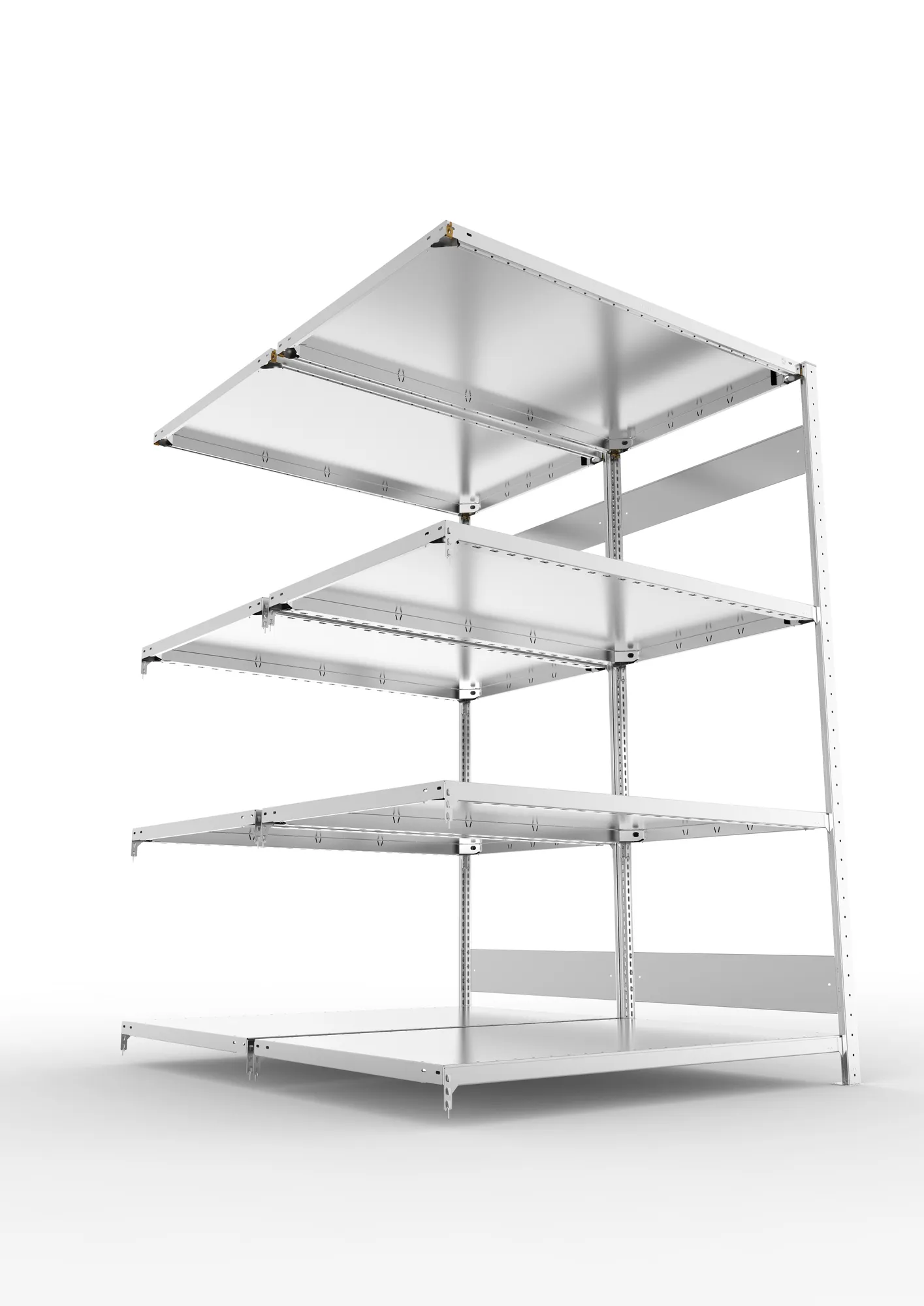 META CLIP S3, Fachbodenregal, Doppel-Anbauregal, 2000 x 1300 x 800 mm, Fachlast 230 kg, 4 Ebenen, Längsriegel, verzinkt – Ansicht von unten