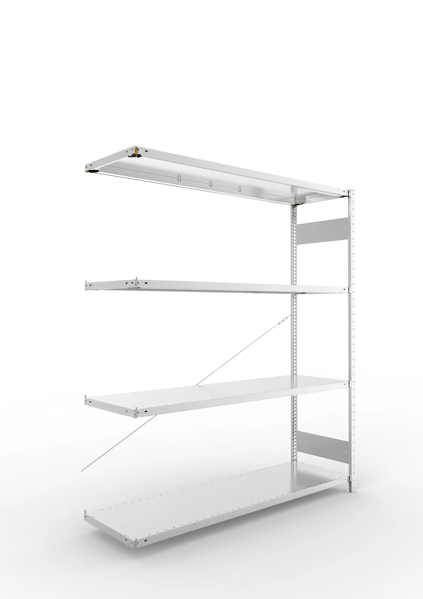 META CLIP S3, Fachbodenregal, Anbauregal, 2000 x 1700 x 500 mm, Fachlast 200 kg, 4 Ebenen, verzinkt – Ansicht in Blickhöhe