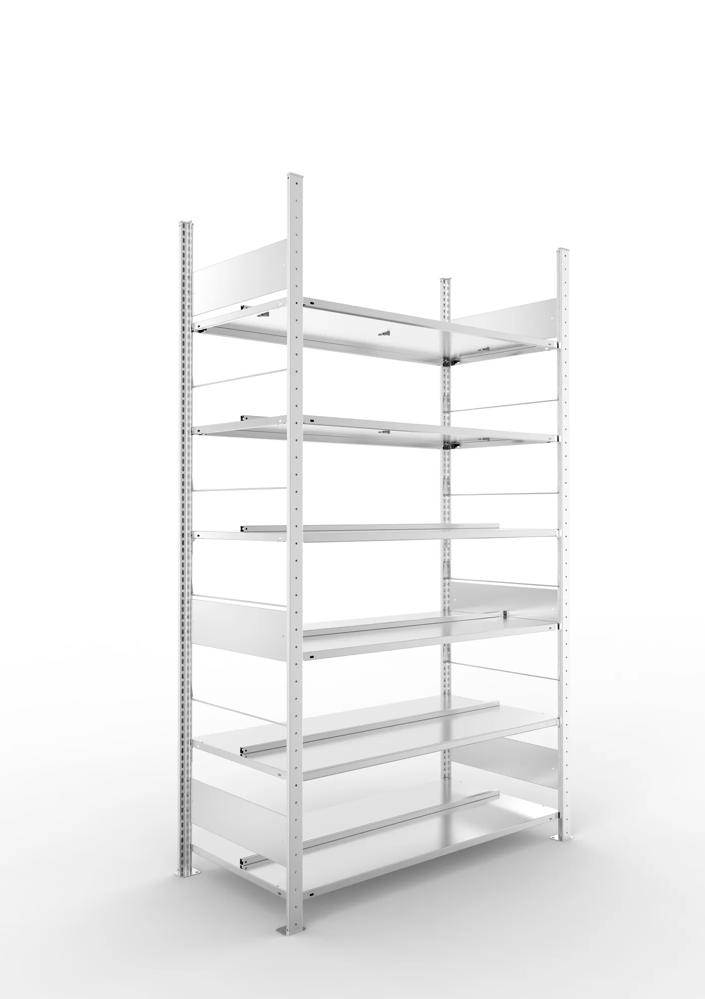 META CLIP COMPACT S3, Büro-Steckregal, Doppel-Grundregal, 2200 x 1250 x 600 mm, Fachlast 100 kg, 6+0 Ebenen, Mittelanschlag, verzinkt – Ansicht in Blickhöhe