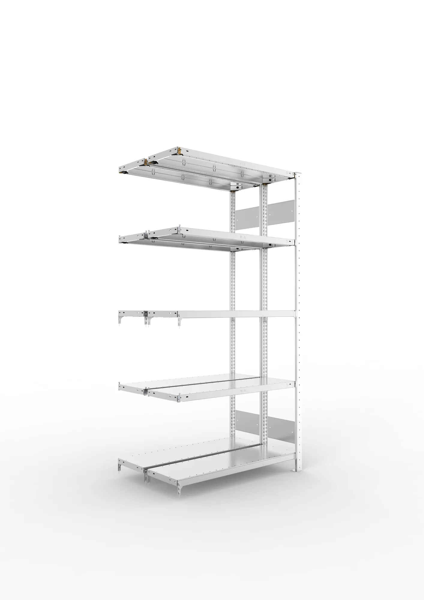 META CLIP S3, Fachbodenregal, Doppel-Anbauregal, 2000 x 1000 x 300 mm, Fachlast 150 kg, 5 Ebenen, Längsriegel, verzinkt – Ansicht in Blickhöhe