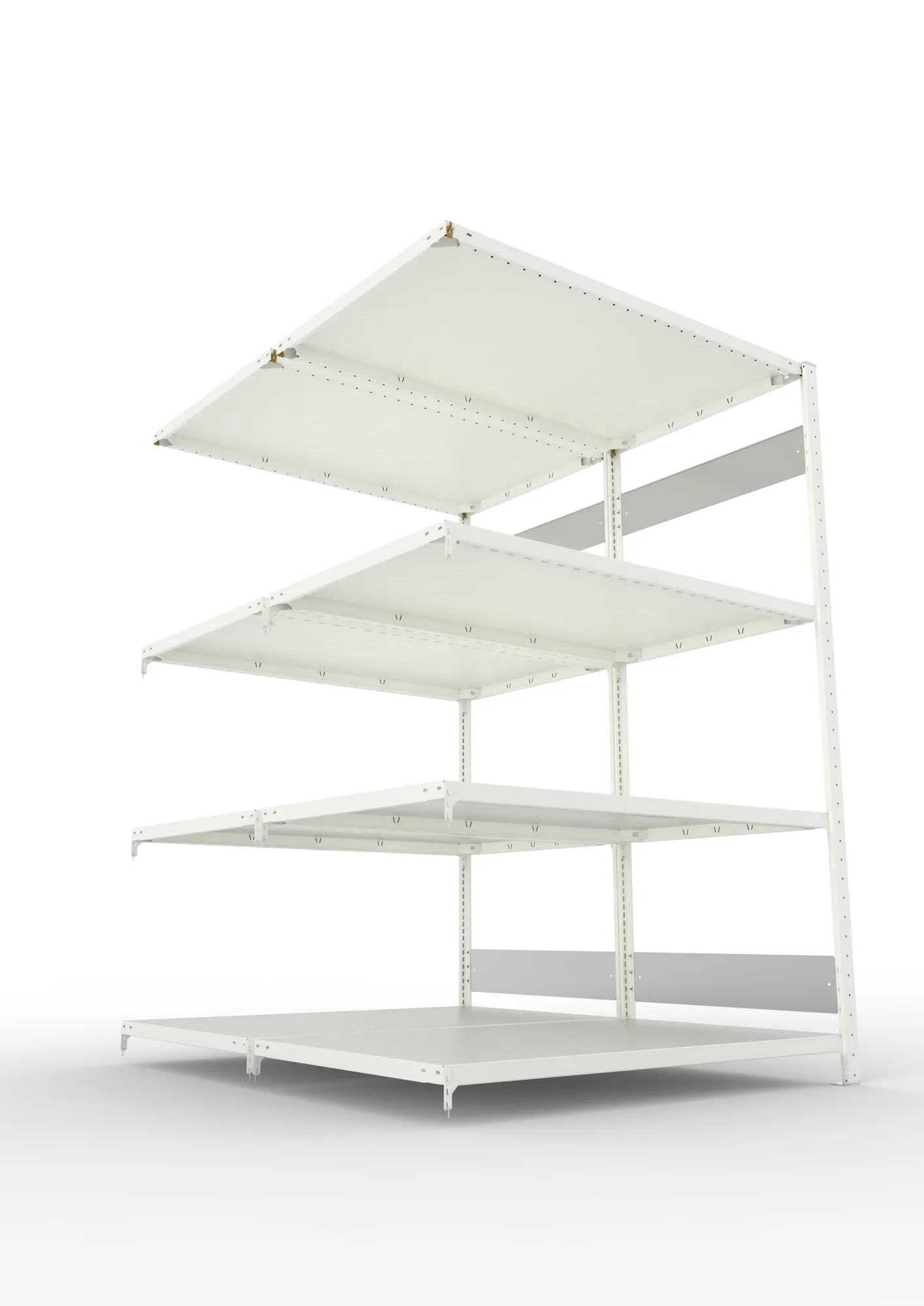 META CLIP S3, Fachbodenregal, Doppel-Anbauregal, 2000 x 1300 x 800 mm, Fachlast 230 kg, 4 Ebenen, Längsriegel, RAL 7035 – Ansicht von unten