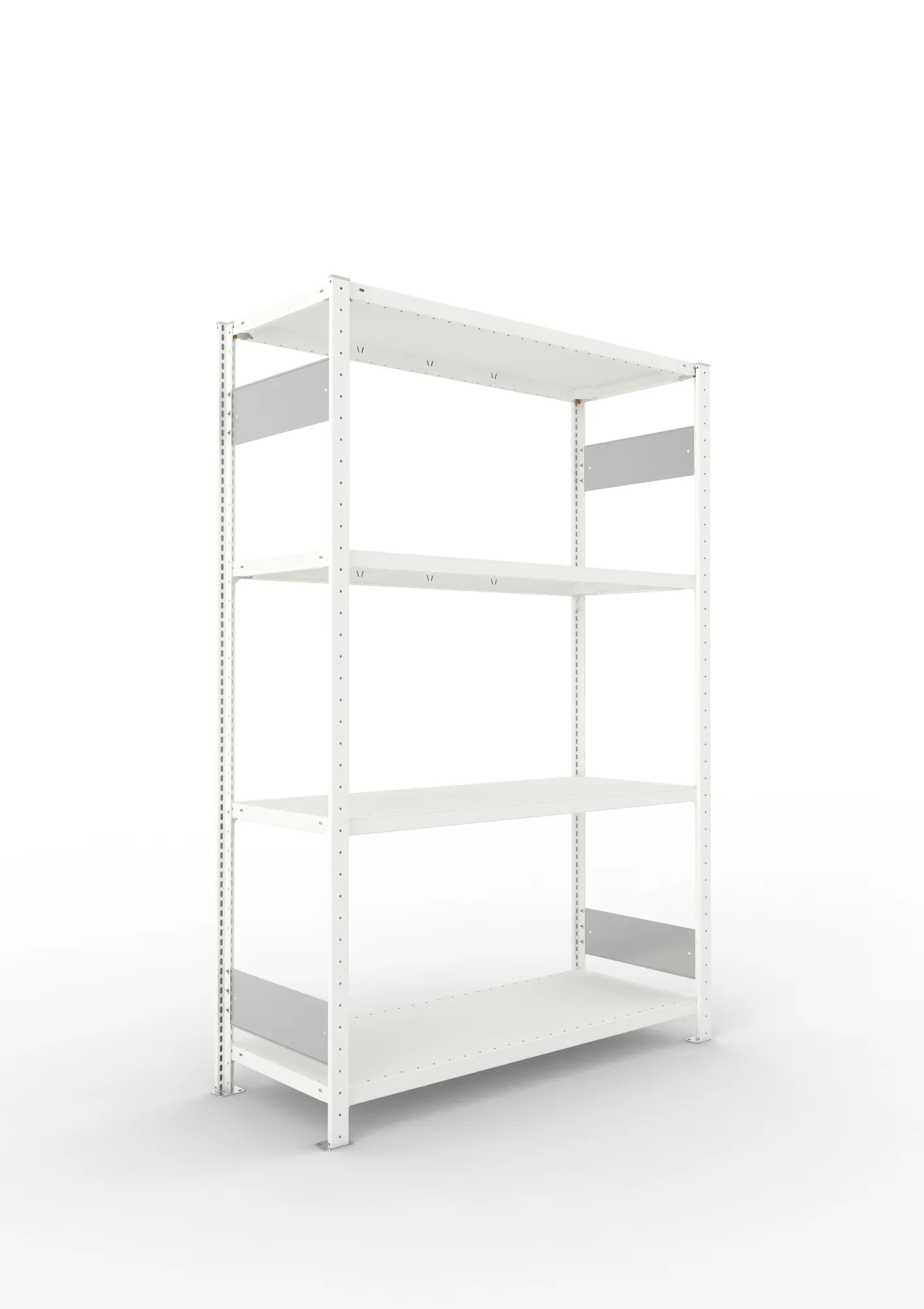 META CLIP S3, Fachbodenregal, Grundregal, 2000 x 1300 x 500 mm, Fachlast 230 kg, 4 Ebenen, Längsriegel, RAL 7035 – Ansicht in Blickhöhe