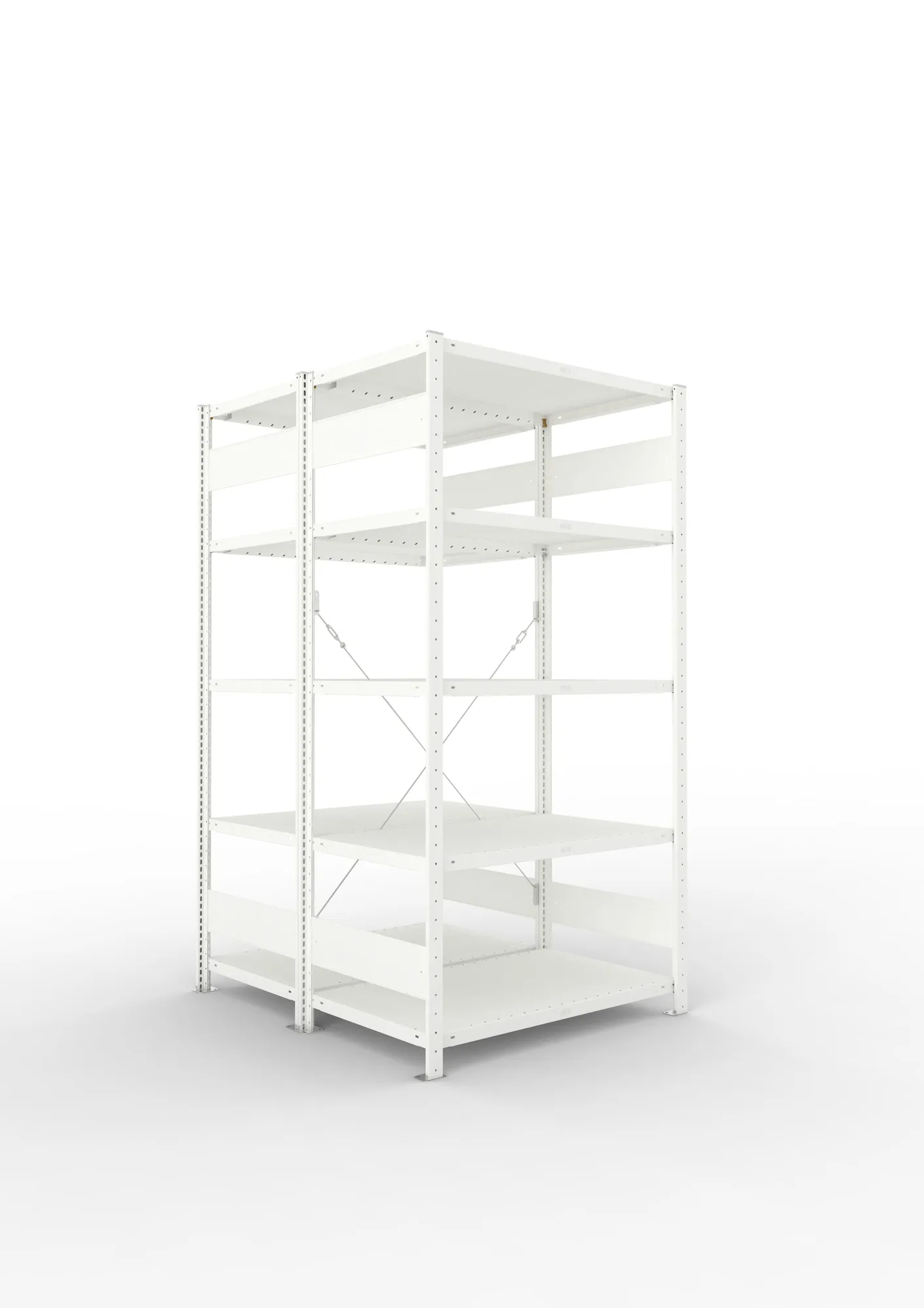 META CLIP, Fachbodenregal, Doppel-Grundregal, 2000 x 1000 x 600 mm, Fachlast 230 kg, 5 Ebenen, RAL 7035 – Ansicht in Blickhöhe