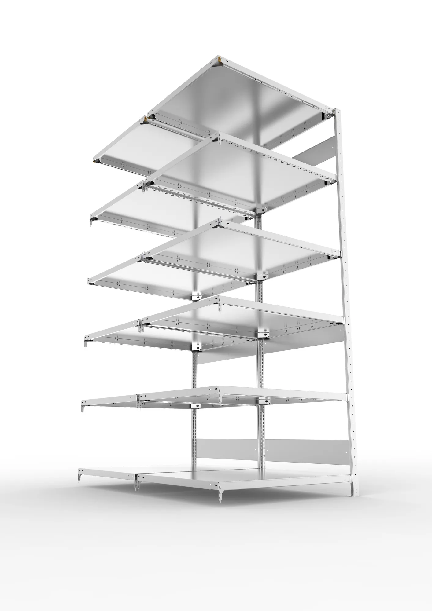 META CLIP S3, Fachbodenregal, Doppel-Anbauregal, 2500 x 1000 x 800 mm, Fachlast 230 kg, 6 Ebenen, Längsriegel, verzinkt – Ansicht von unten