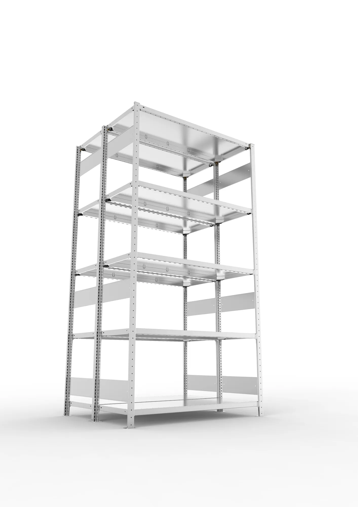 META CLIP S3, Fachbodenregal, Doppel-Grundregal, 2500 x 1300 x 500 mm, Fachlast 230 kg, 5 Ebenen, Längsriegel, verzinkt – Ansicht von unten