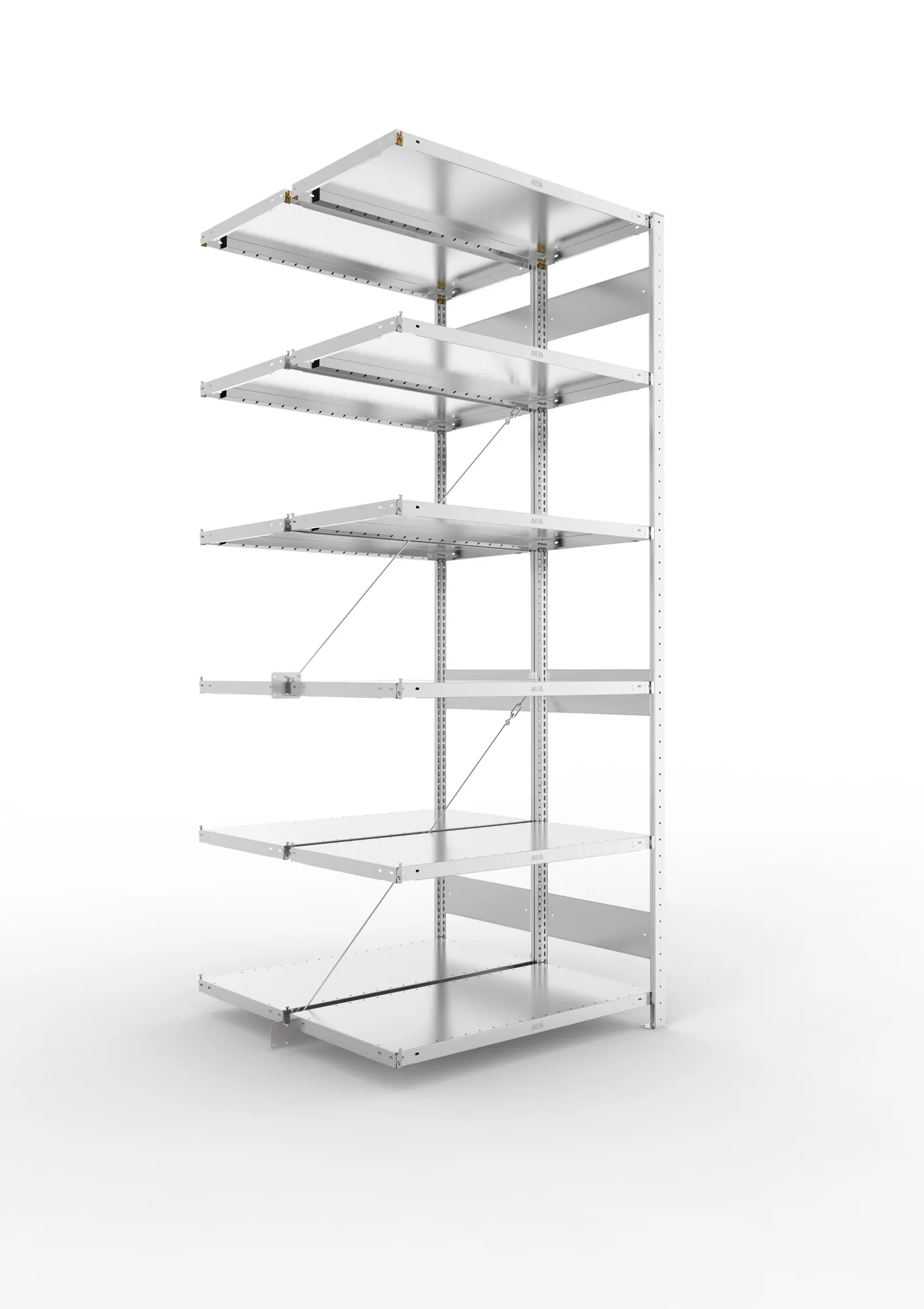 META CLIP, Fachbodenregal, Doppel-Anbauregal, 2500 x 1000 x 500 mm, Fachlast 230 kg, 6 Ebenen, verzinkt – Ansicht in Blickhöhe